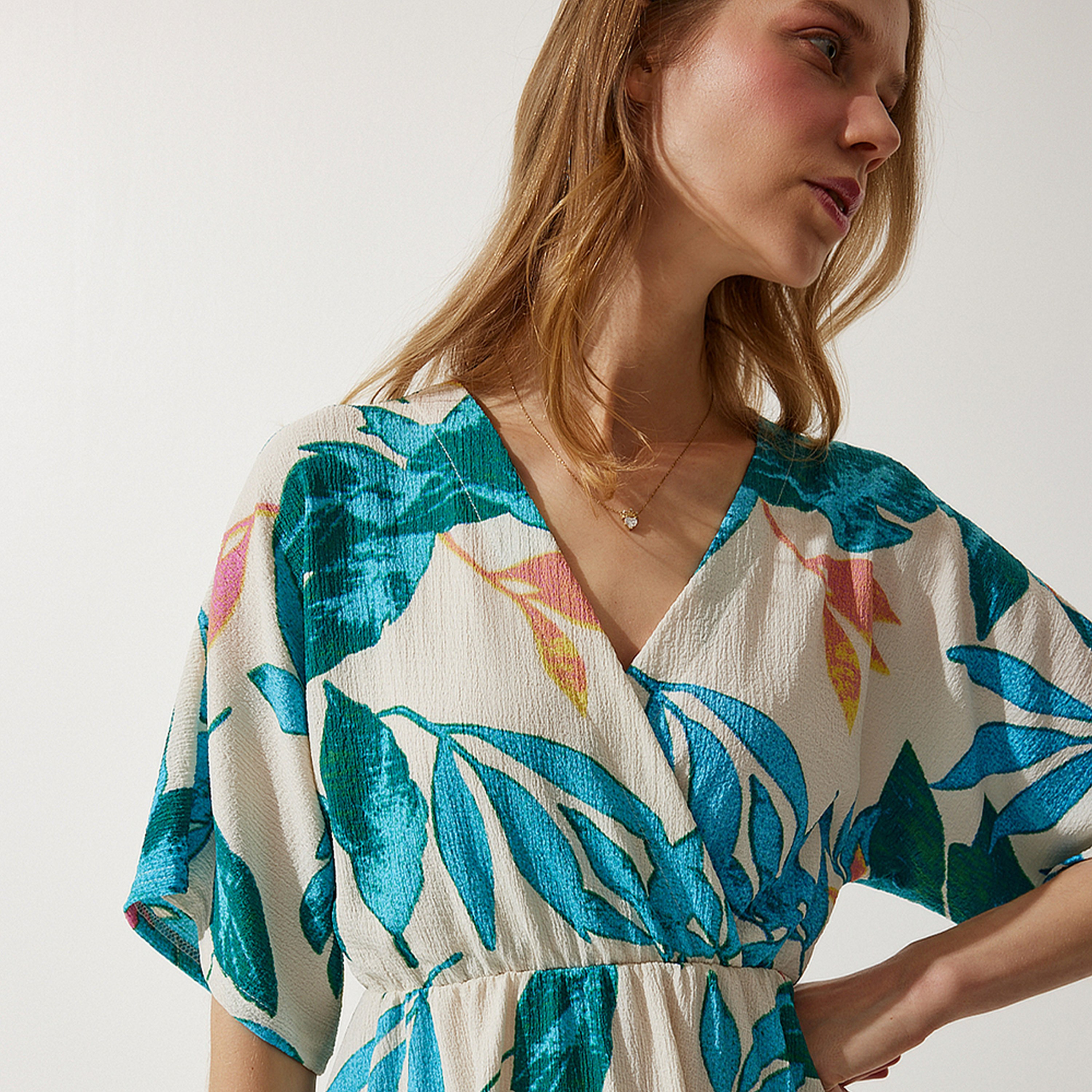 فستان نسائي ميدي أزرق بأكمام واسعة بطبعة نباتية من إسطنبول السعادة-women-clothing-dresses-image-4