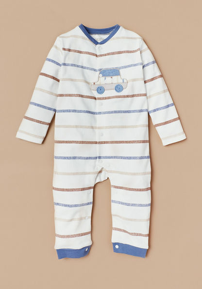 Giggles Striped Sleepsuit with Long Sleeves and Car Applique Detail-Sleepsuits-image-0