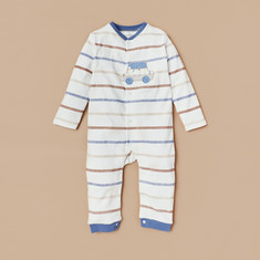Giggles Striped Sleepsuit with Long Sleeves and Car Applique Detail