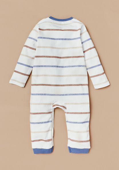 Giggles Striped Sleepsuit with Long Sleeves and Car Applique Detail-Sleepsuits-image-3
