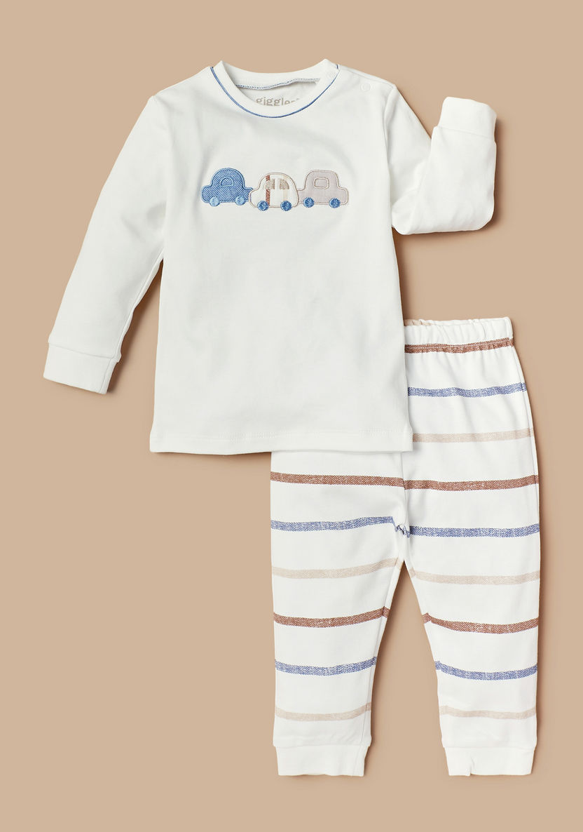 Giggles Car Applique Long Sleeves T-shirt and Elasticated Pyjama Set-Pyjama Sets-image-0