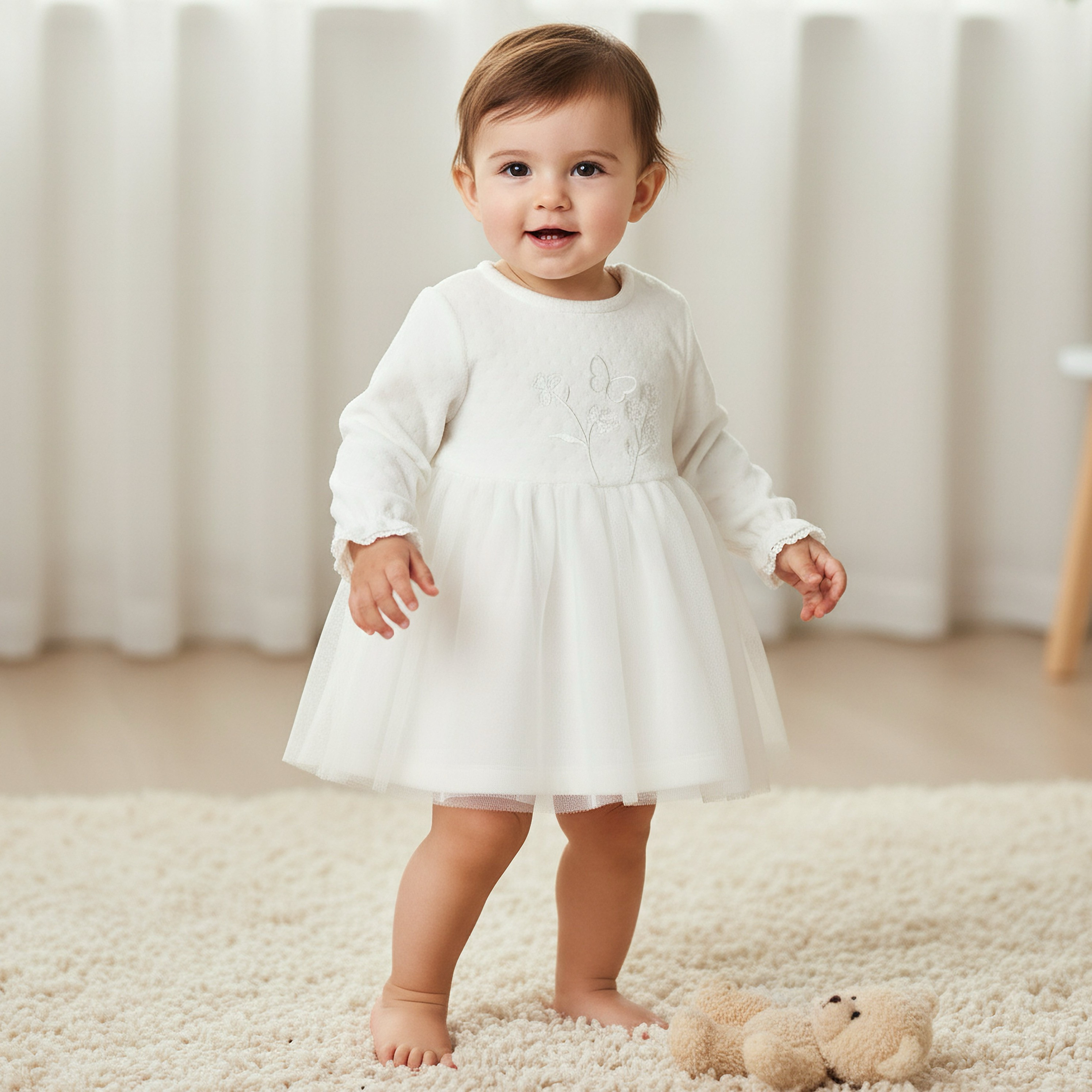 Giggles Round Neck Long Sleeves A-line Dress with Butterfly Applique-baby-girls-clothing-dressesandjumpsuits-image-1