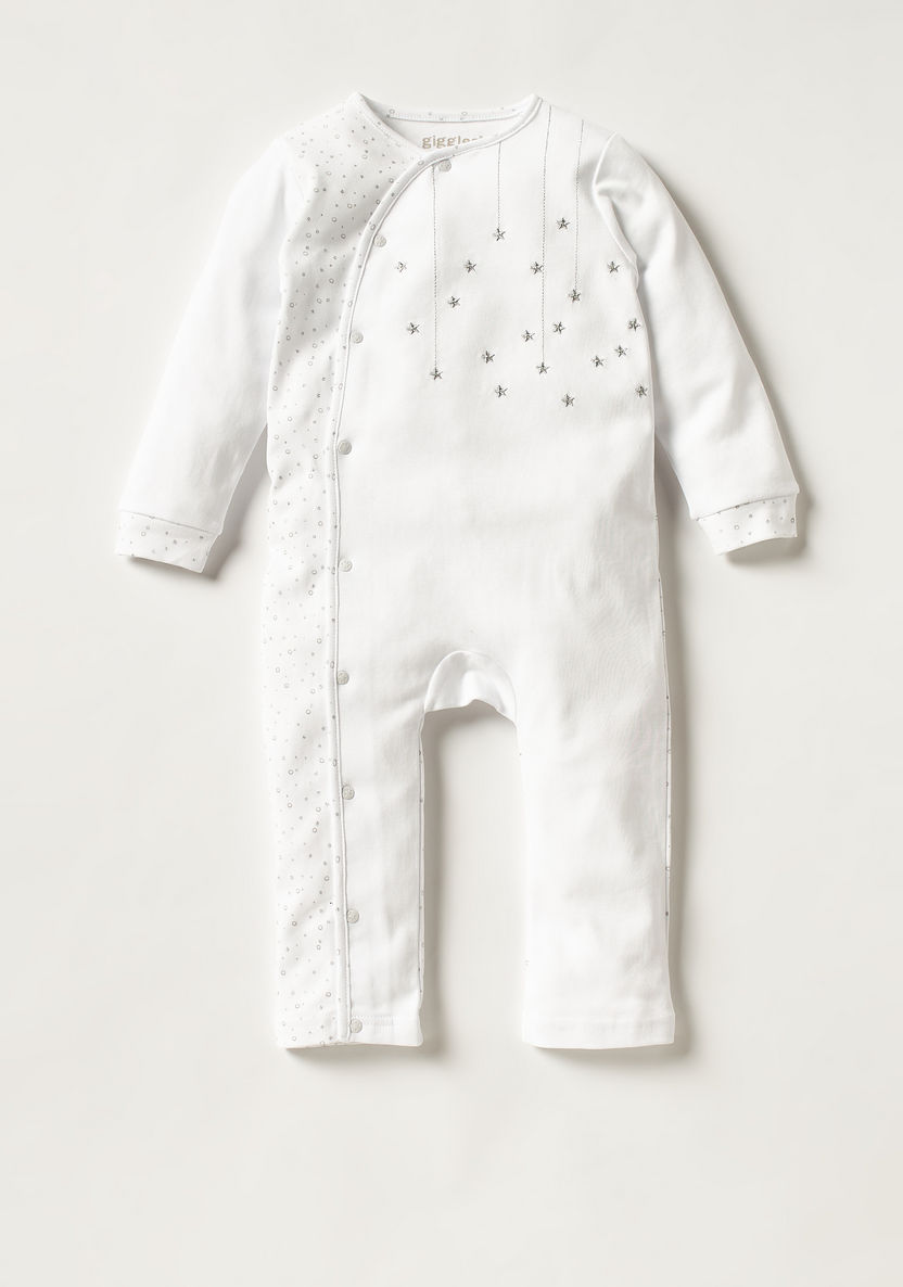Giggles Embroidered Sleepsuit with Long Sleeves and Button Closure-Sleepsuits-image-0