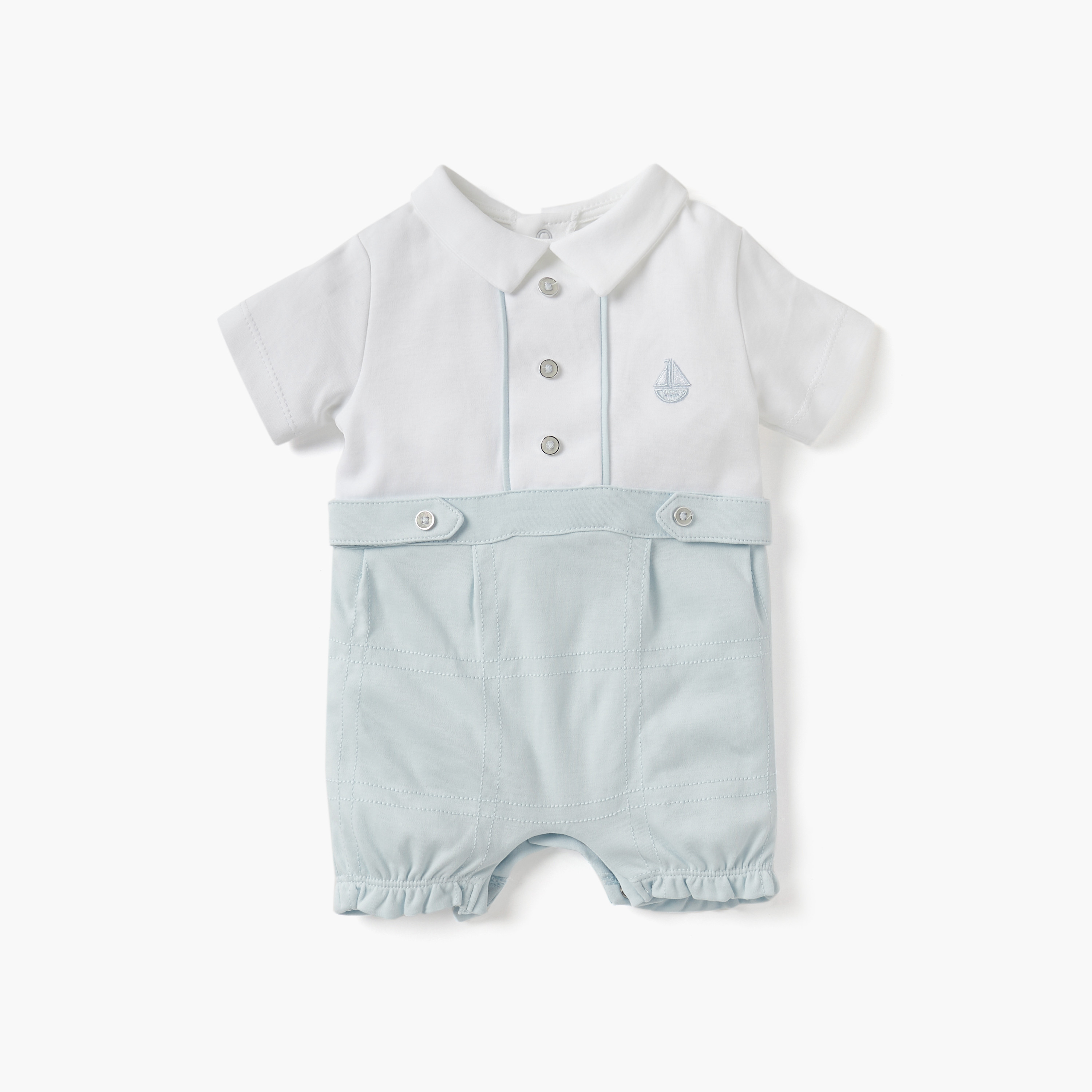 Giggles Sail Boat Embroidered Romper with Collar and Short Sleeves-baby-boys-clothing-rompers-image-1