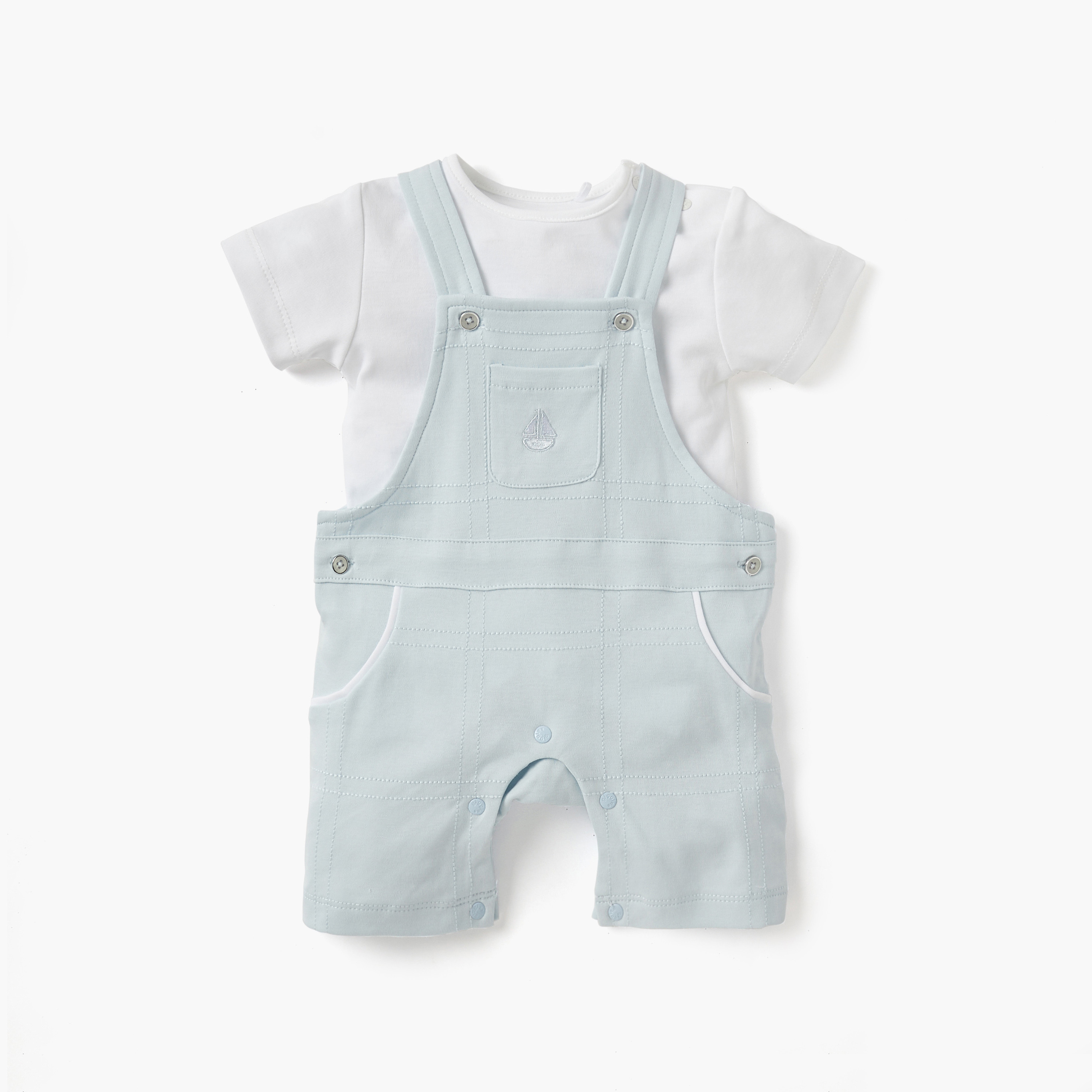 Giggles Sail Boat Embroidered Dungaree and T-shirt Set-baby-boys-clothing-rompers-image-1