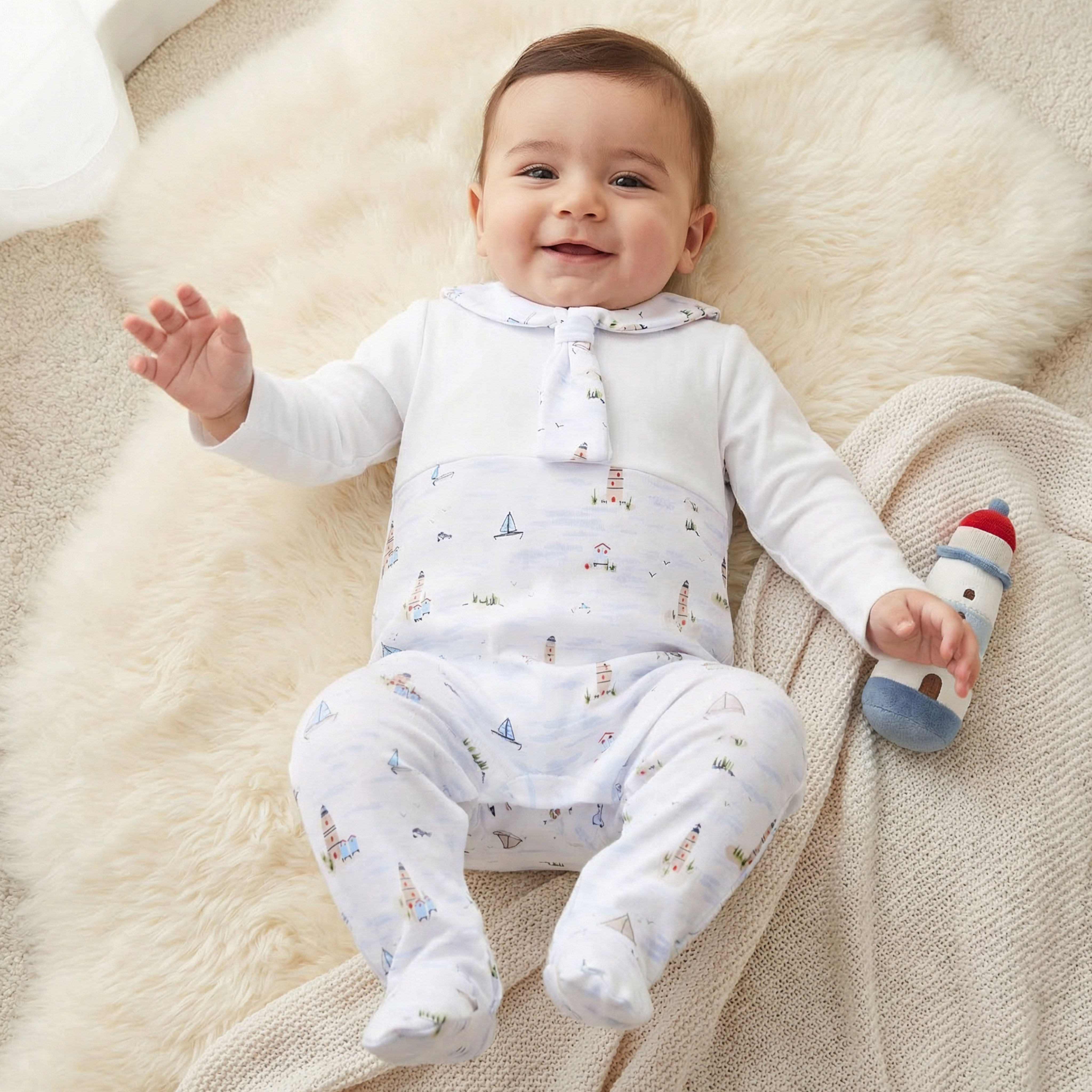 Juniors Cotton Sailor Collar Long Sleeves Sleepsuit with Nautical Print-baby-boys-clothing-nightwear-sleepsuits-image-1