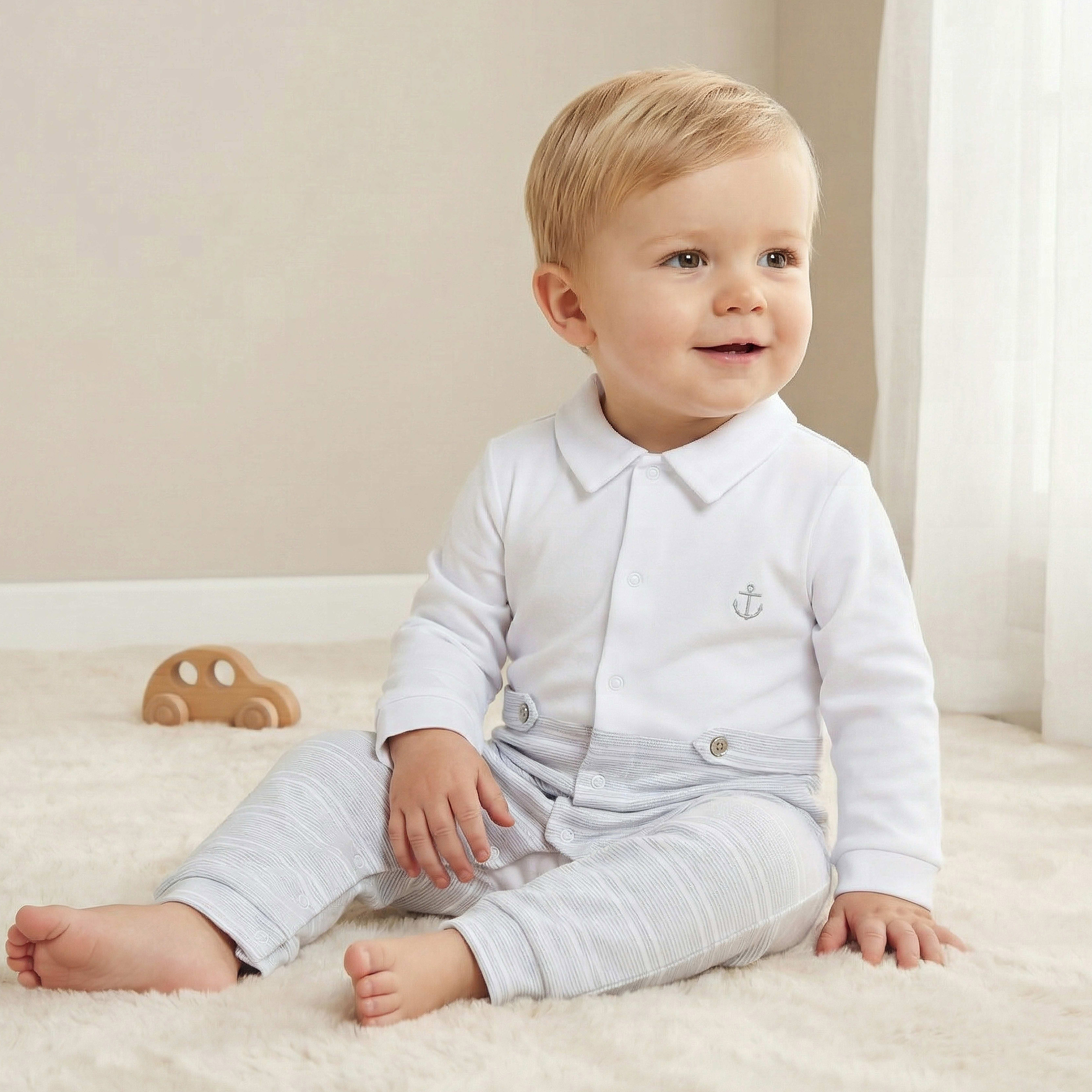 Juniors Cotton Collared Long Sleeves Sleepsuit with Stripes-baby-boys-clothing-nightwear-sleepsuits-image-1