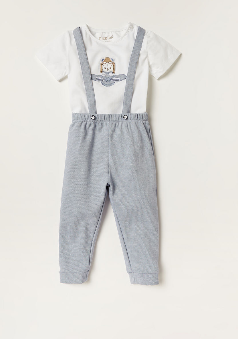 Giggles Embroidered Round Neck T-shirt and Dungarees-Rompers, Dungarees & Jumpsuits-image-0