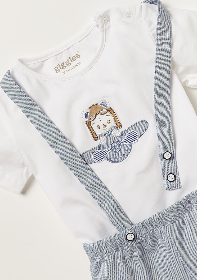 Giggles Embroidered Round Neck T-shirt and Dungarees-Rompers, Dungarees & Jumpsuits-image-3