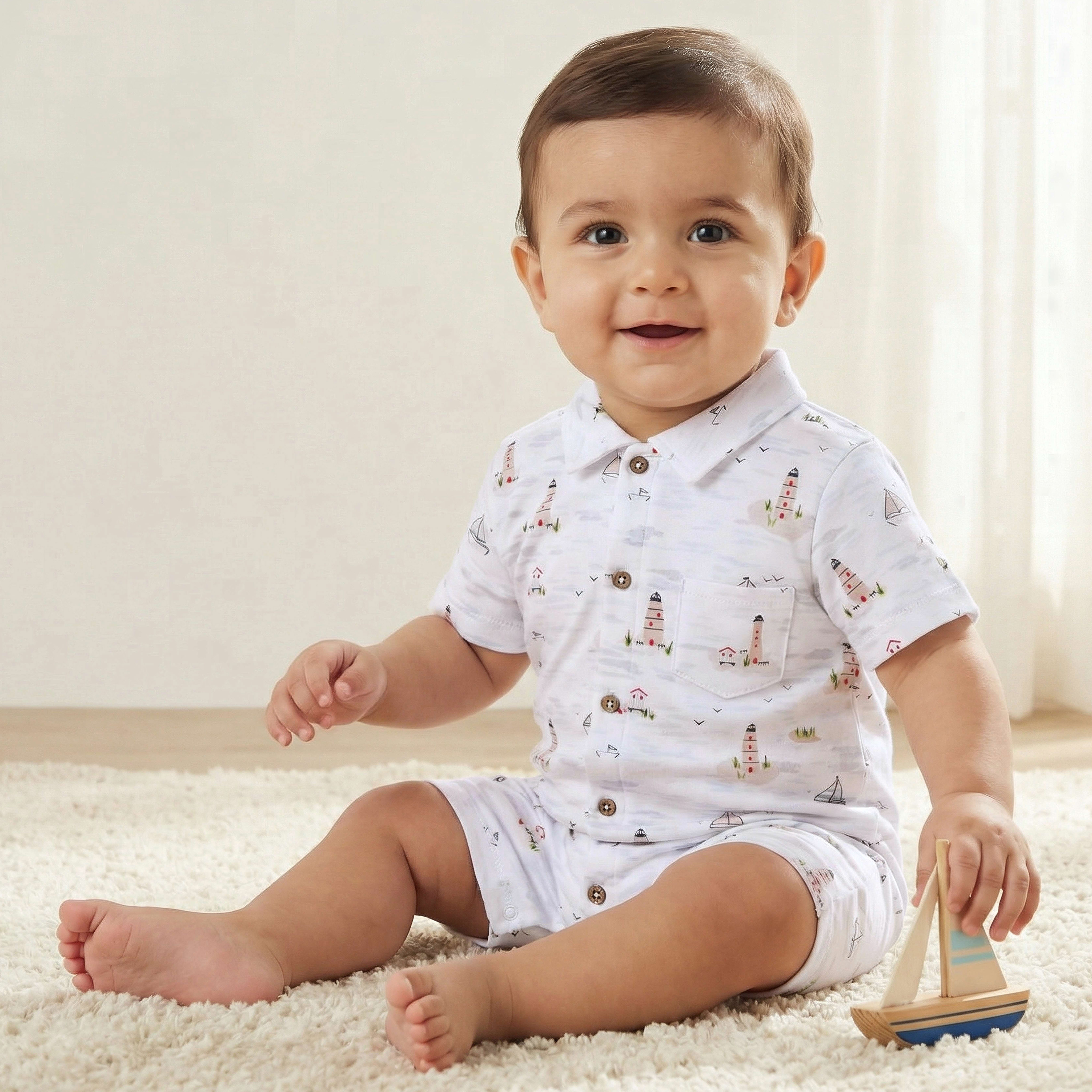 Juniors Collared Short Sleeve Romper with Button Closure-baby-boys-clothing-rompers-image-1