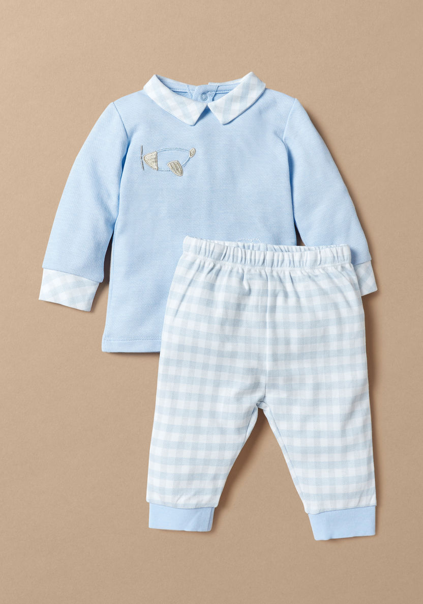 Giggles Embroidered T-shirt and Checked Pyjama Set-Pyjama Sets-image-0