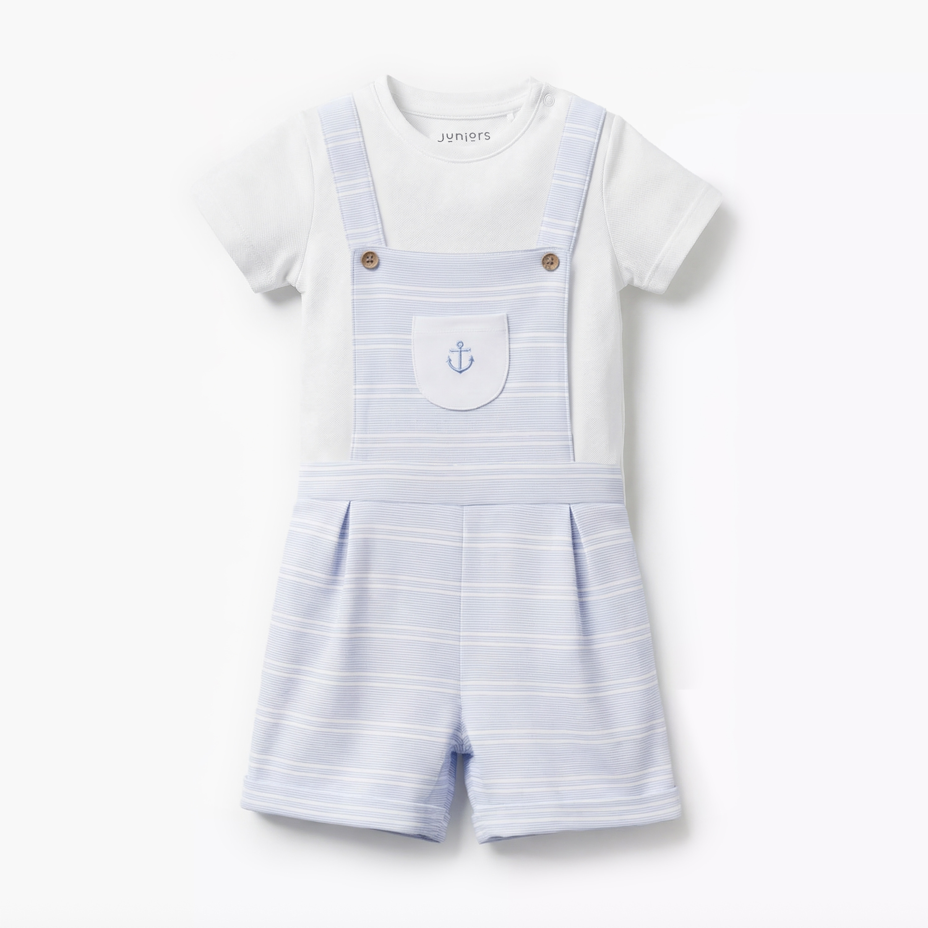 Juniors Round Neck Short Sleeves T-shirt and Dungaree Set with Stripes-baby-boys-clothing-setsandcoords-image-2