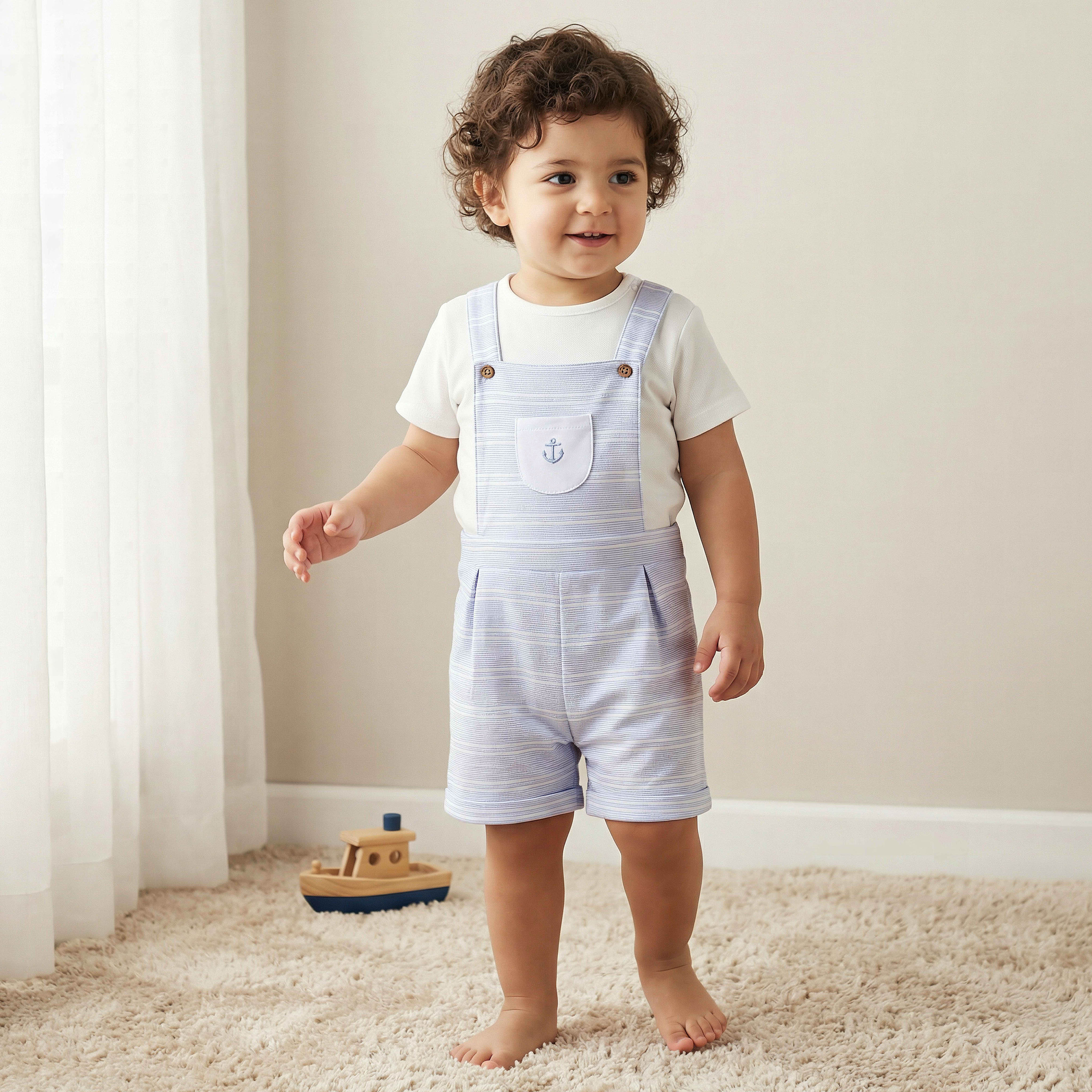 Juniors Round Neck Short Sleeves T-shirt and Dungaree Set with Stripes-baby-boys-clothing-setsandcoords-image-1