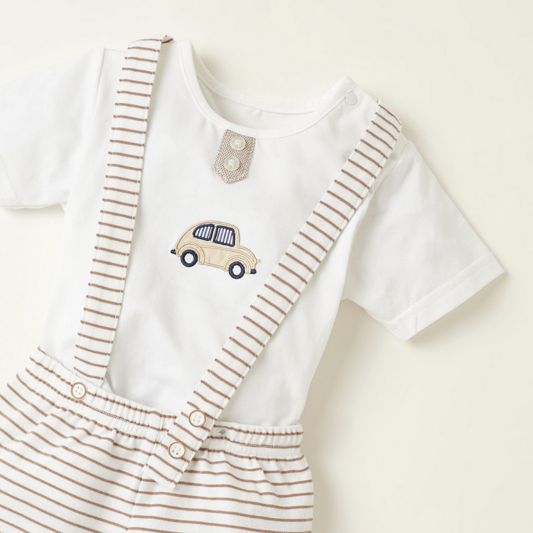 Giggles Embroidered T-shirt and Striped Dungaree Set