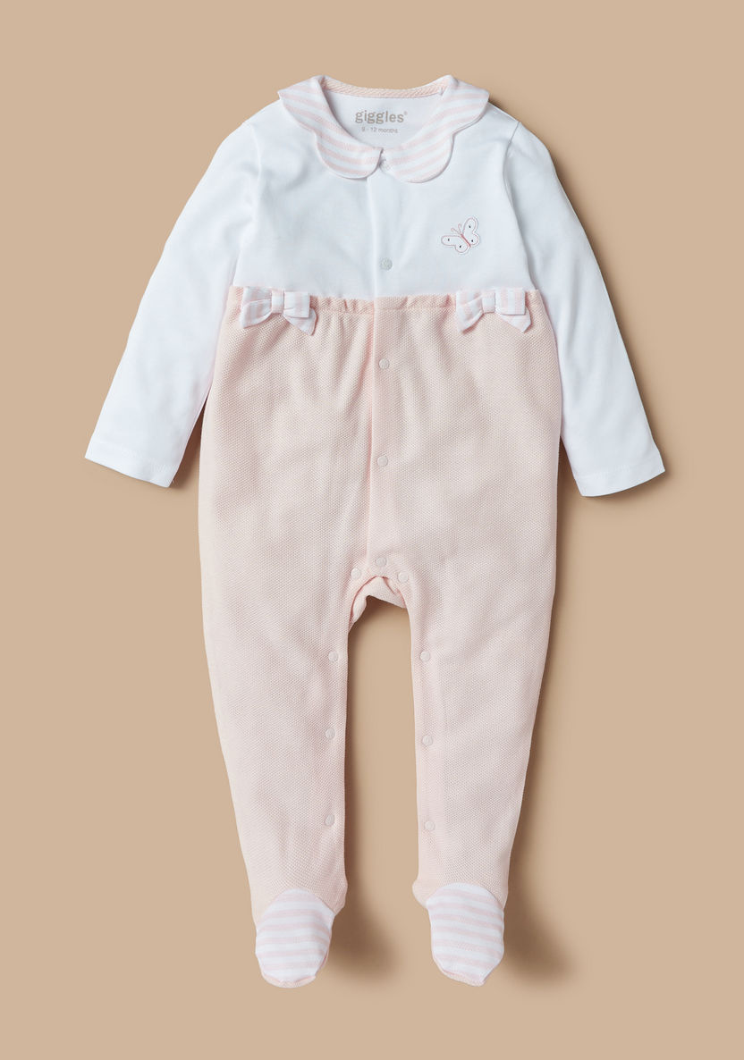 Giggles Textured Sleepsuit with Long Sleeves and Bow Applique Detail-Sleepsuits-image-0