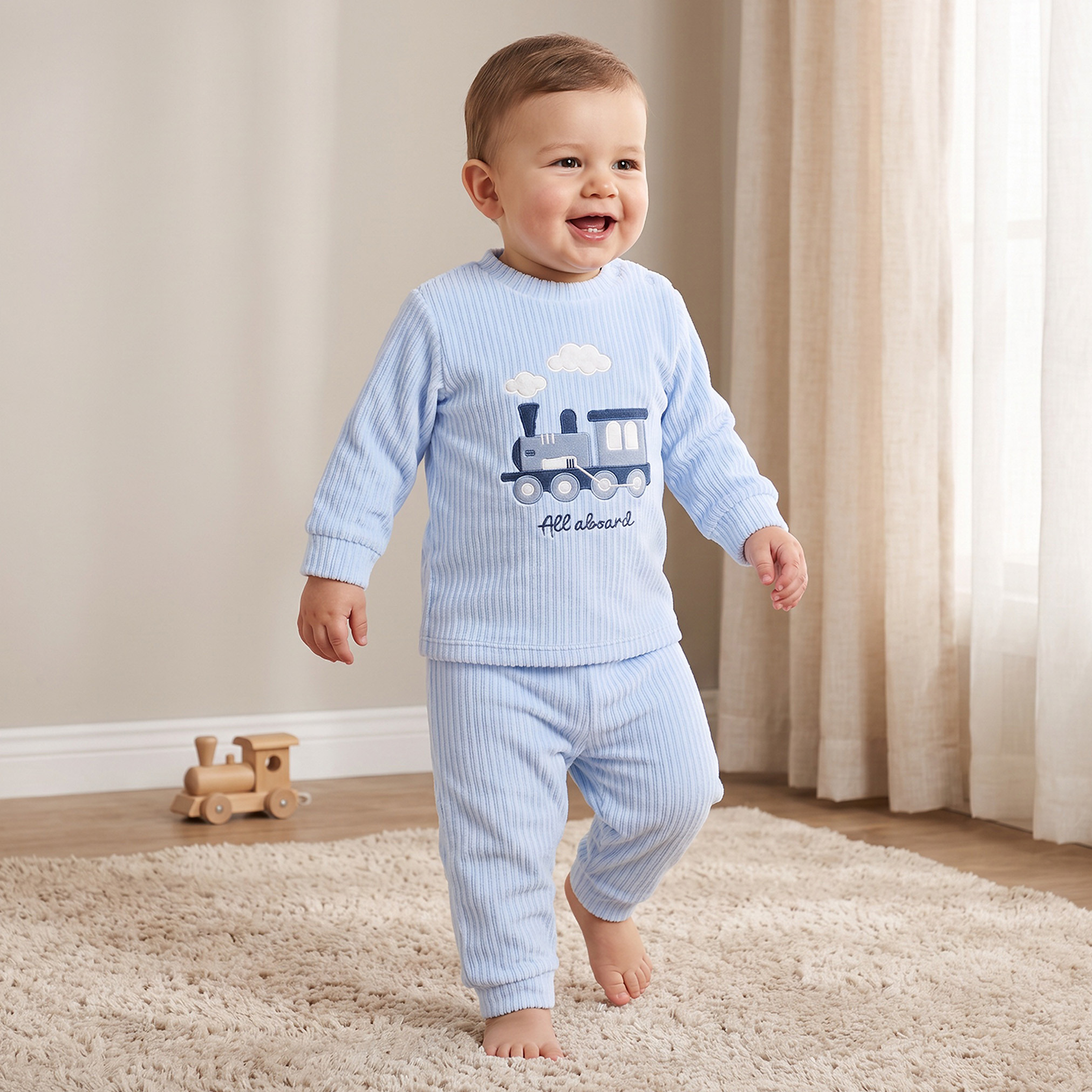 Juniors Crew Neck Long Sleeves Pyjama Set with Rail Engine Applique-baby-boys-clothing-nightwear-pyjamasets-image-1