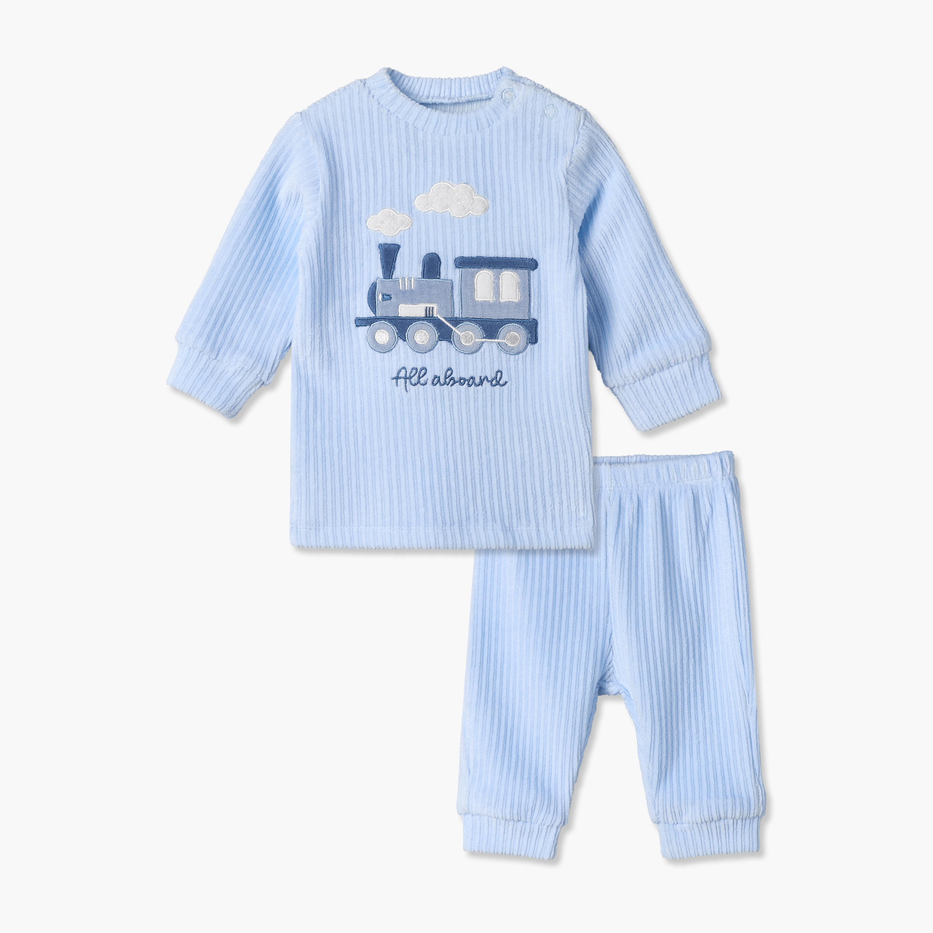 Juniors Crew Neck Long Sleeves Pyjama Set with Rail Engine Applique-baby-boys-clothing-nightwear-pyjamasets-image-2
