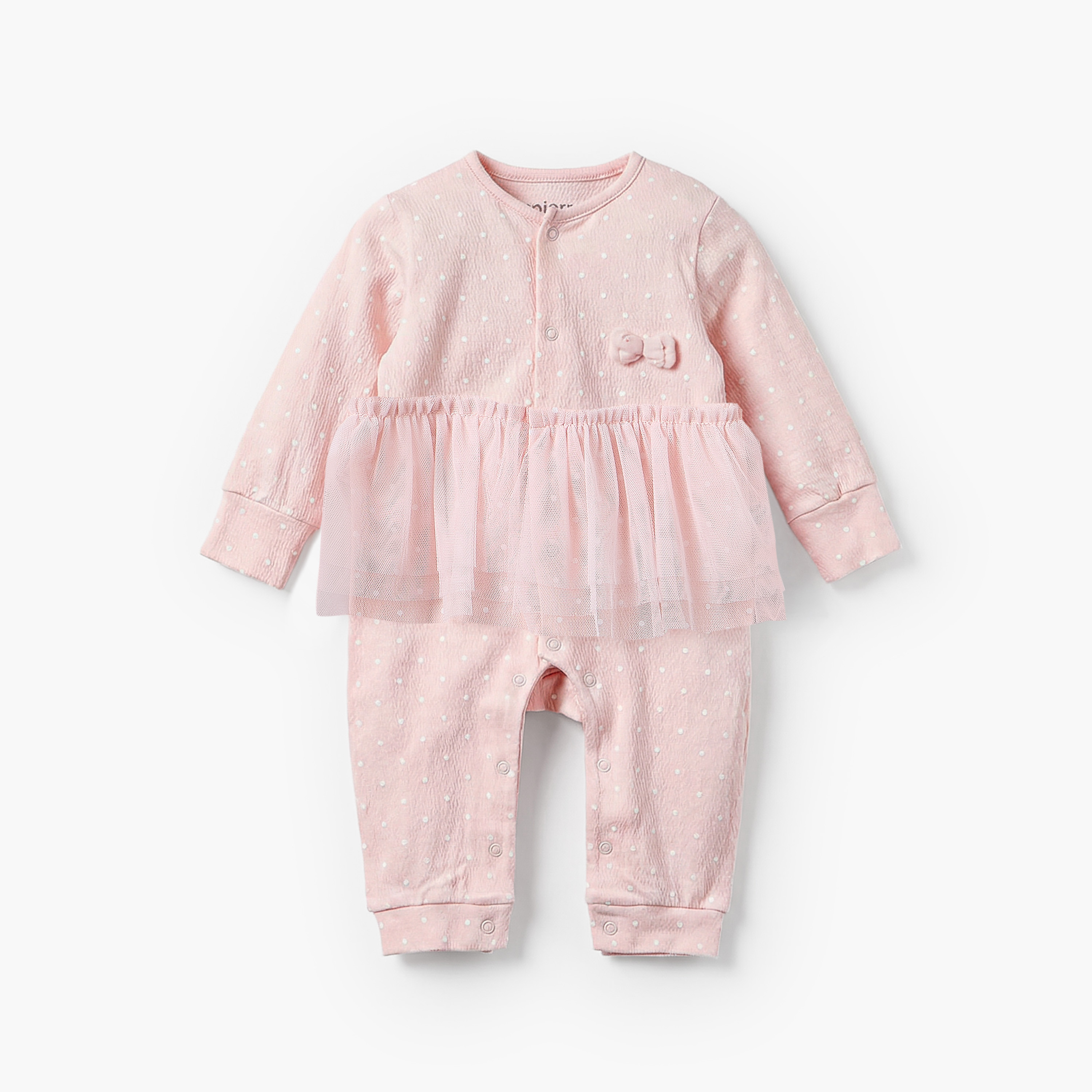 Juniors Round Neck Long Sleeves Sleepsuit with Polka Dot Print-baby-girls-clothing-nightwear-sleepsuits-image-1