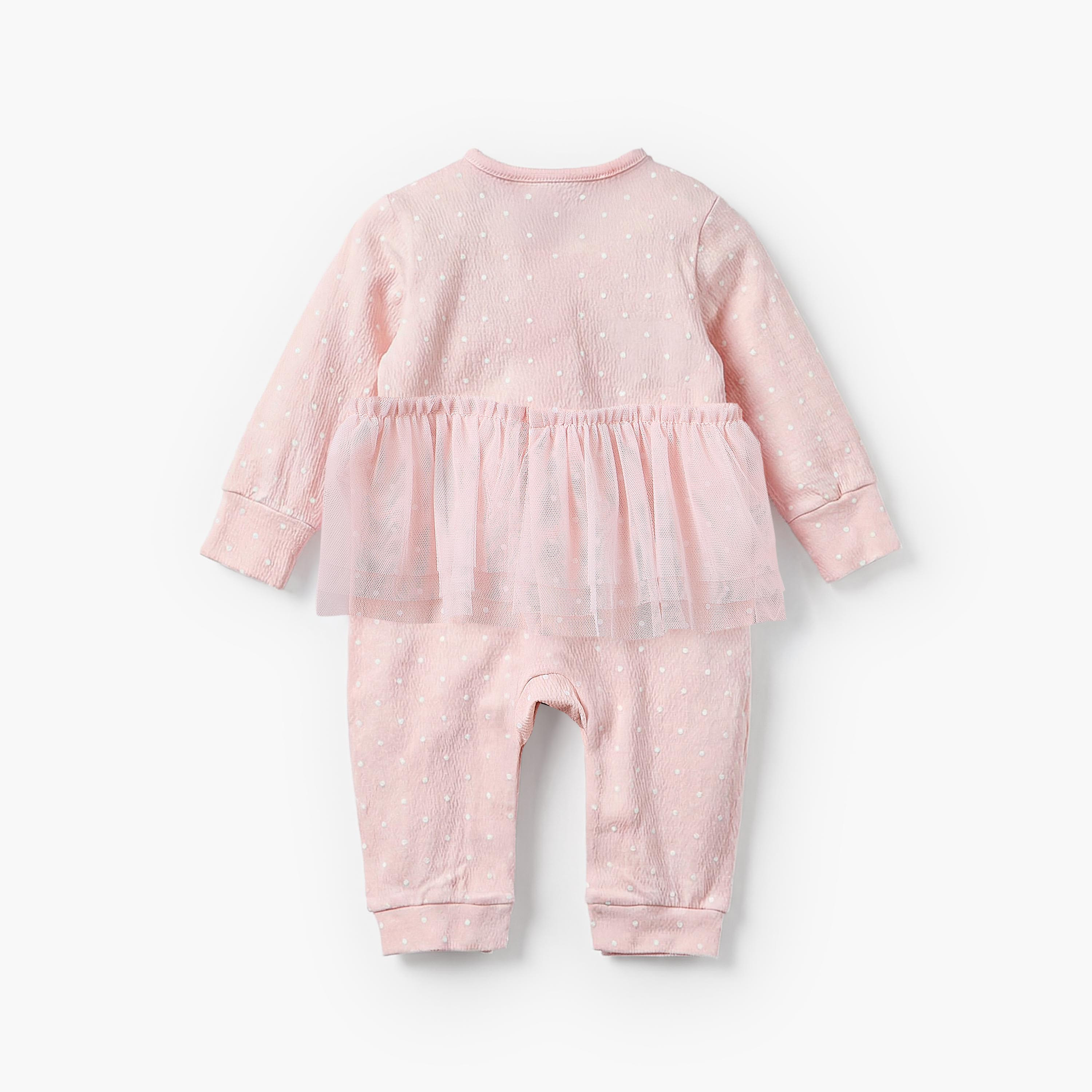 Juniors Round Neck Long Sleeves Sleepsuit with Polka Dot Print-baby-girls-clothing-nightwear-sleepsuits-image-2