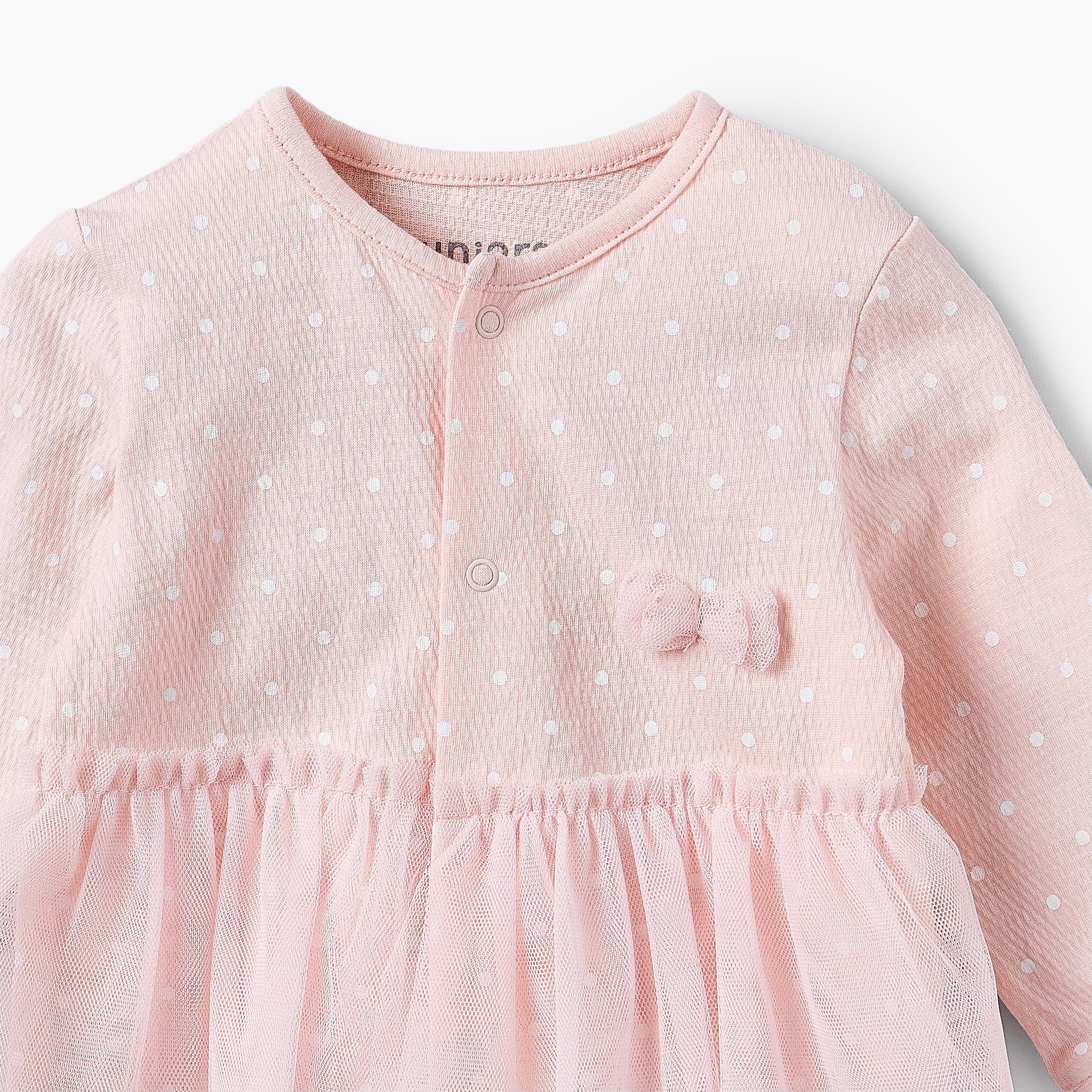 Juniors Round Neck Long Sleeves Sleepsuit with Polka Dot Print-baby-girls-clothing-nightwear-sleepsuits-image-3