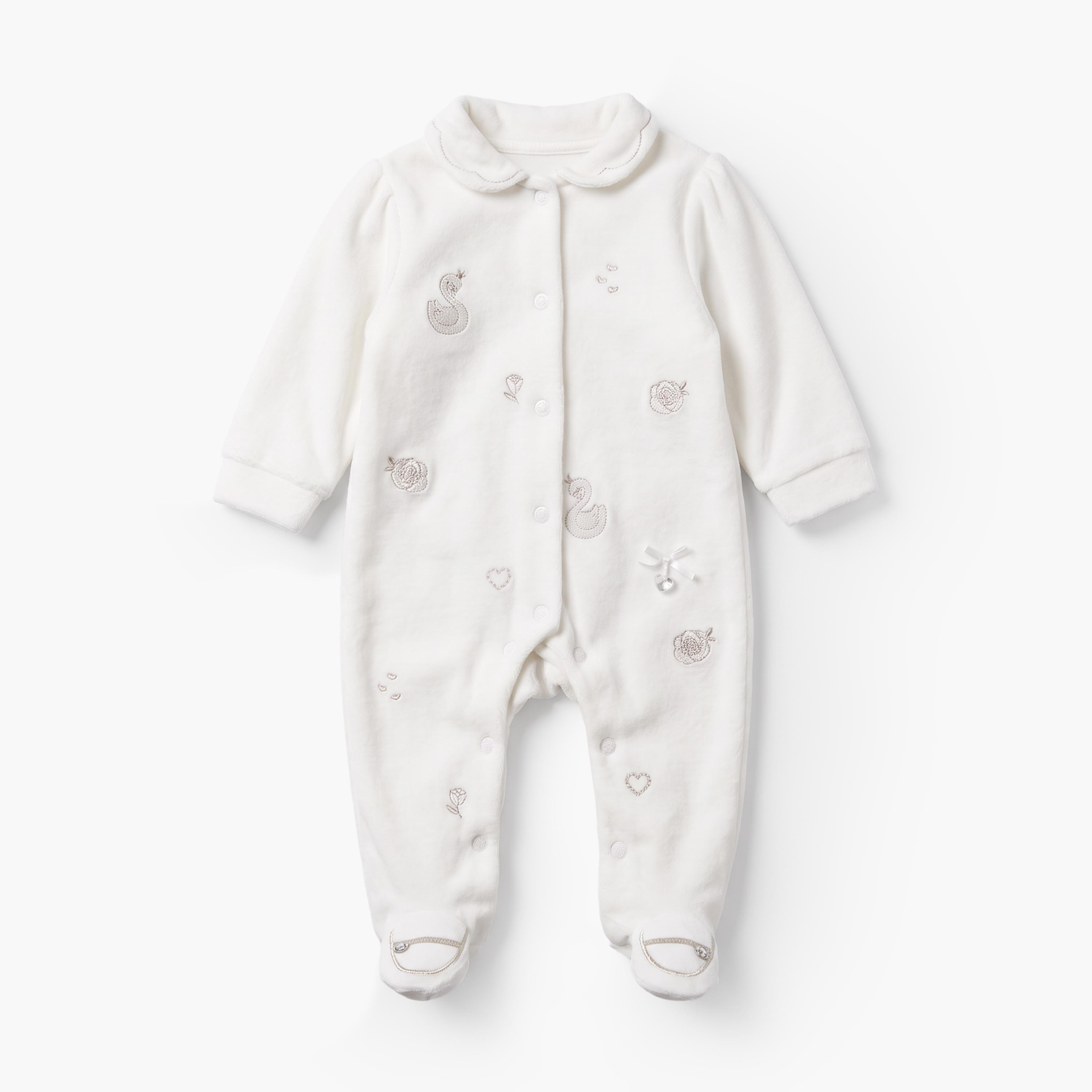 Giggles Cotton Collared Long Sleeves Sleepsuit with Swan Embroidery-baby-girls-clothing-nightwear-sleepsuits-image-1
