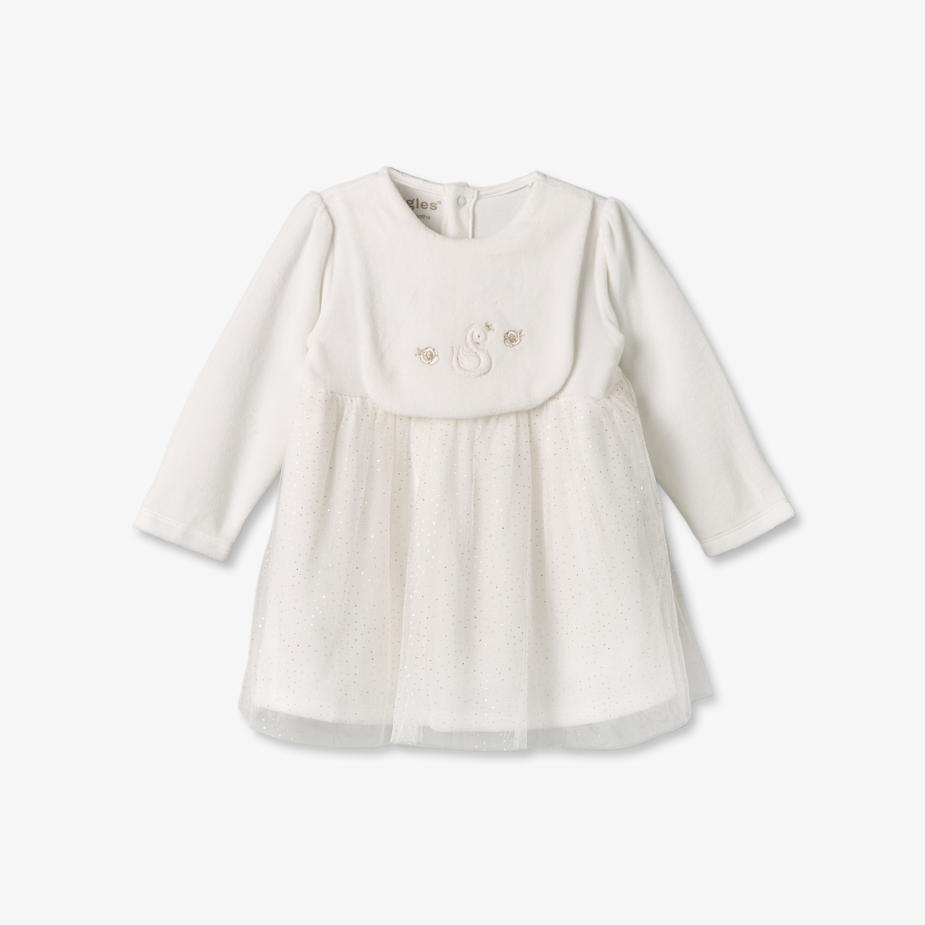 فستان بطول الركبة بأكمام طويلة وياقة مستديرة وتطريز بجعة من جيجلز-baby-girls-clothing-winterwear-dresses-image-1