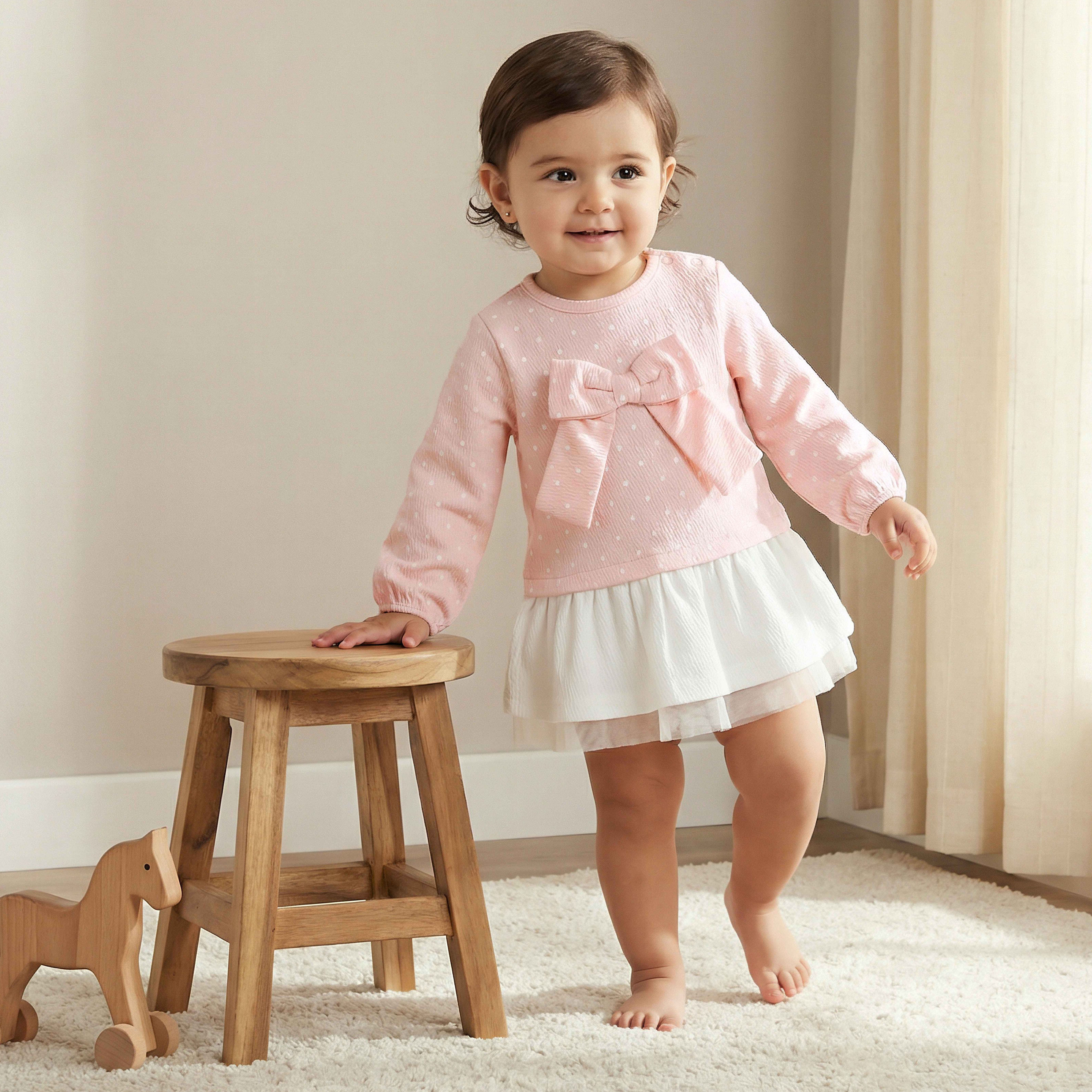 فستان متعدد الطبقات بأكمام طويلة وياقة مستديرة وطبعات منقطة من جونيورز-baby-girls-clothing-dressesandjumpsuits-image-1