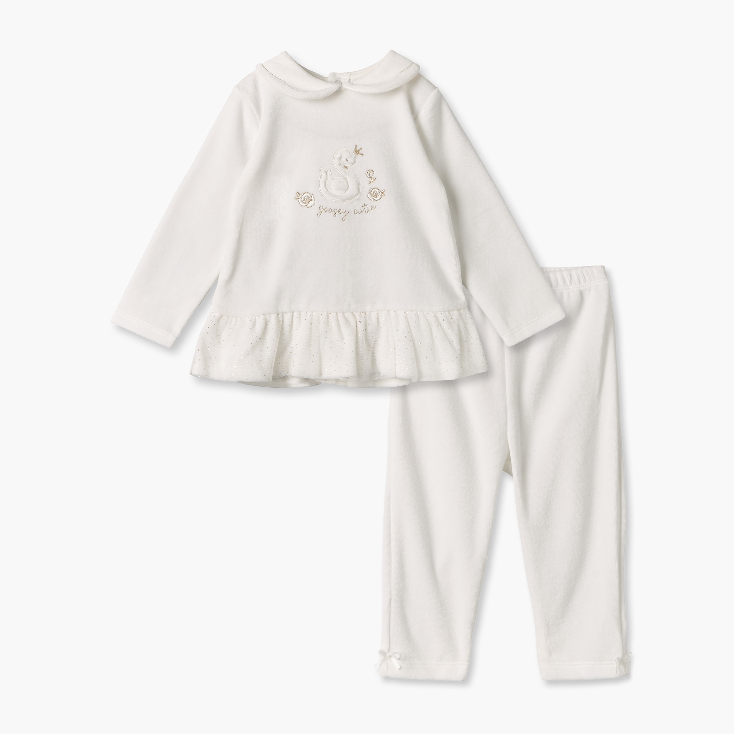 طقم بيجاما قطن بياقة عادية وأكمام طويلة وتطريزات بجعة من جيجلز-baby-girls-clothing-nightwear-pyjamasets-image-1