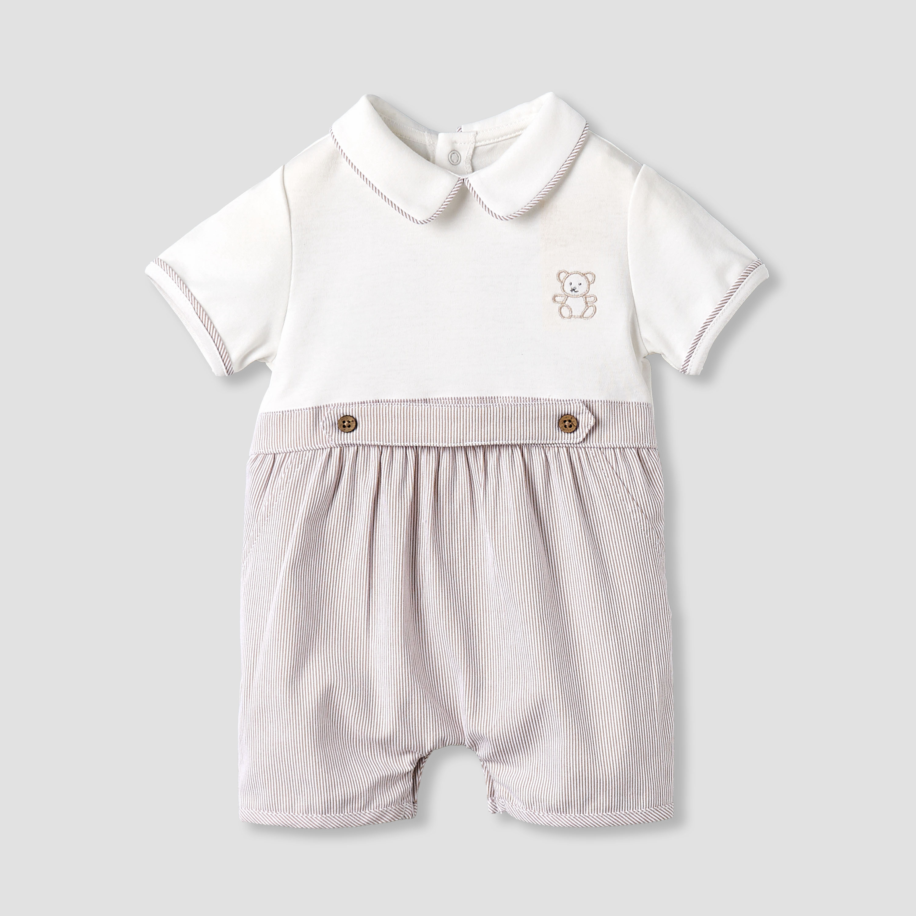 Giggles Peter Pan Collar Short Sleeve Romper with Snap Button Closure-baby-boys-clothing-rompers-image-2