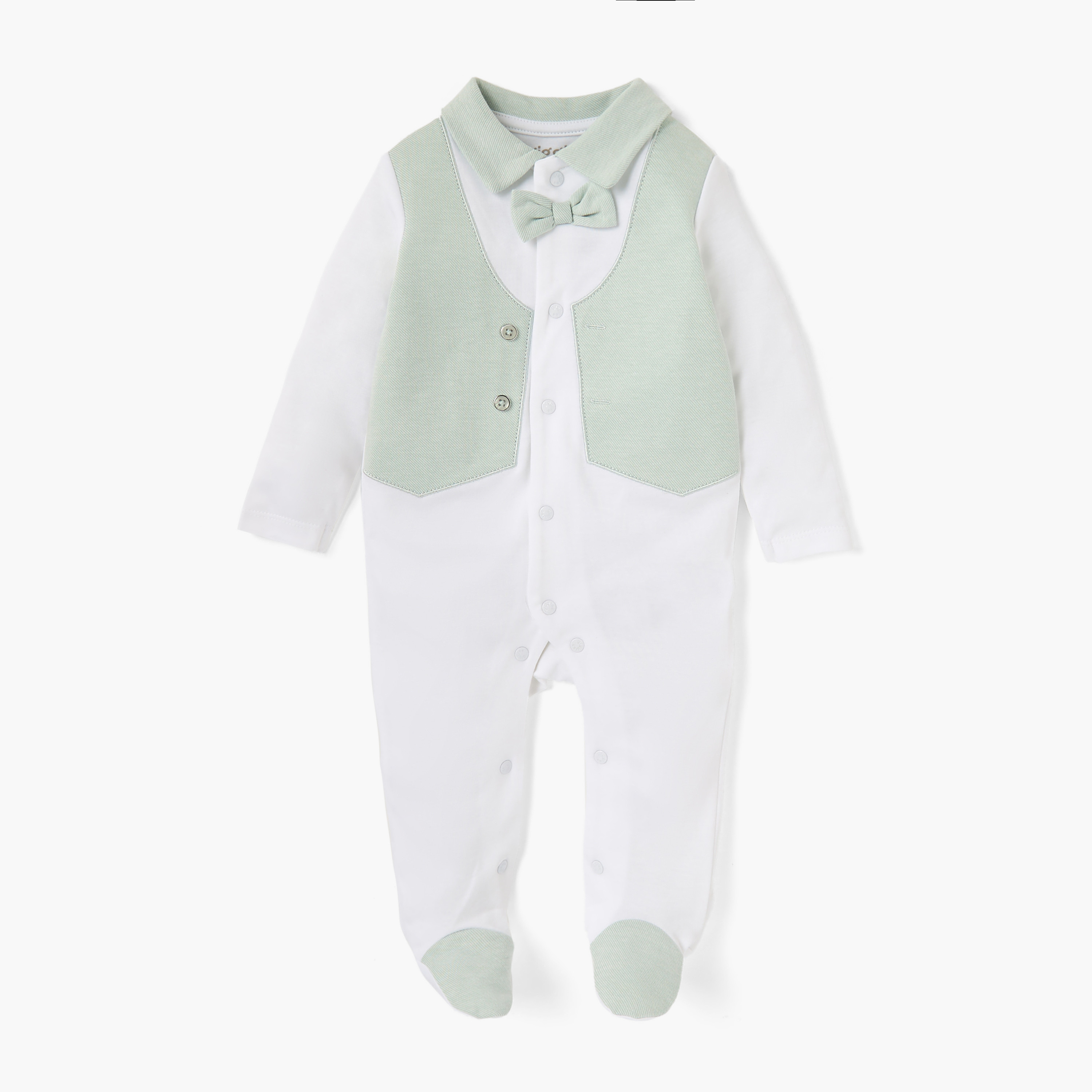 Giggles Colourblock Closed Feet Sleepsuit with Bow Detail and Button Closure-baby-boys-clothing-nightwear-sleepsuits-image-1