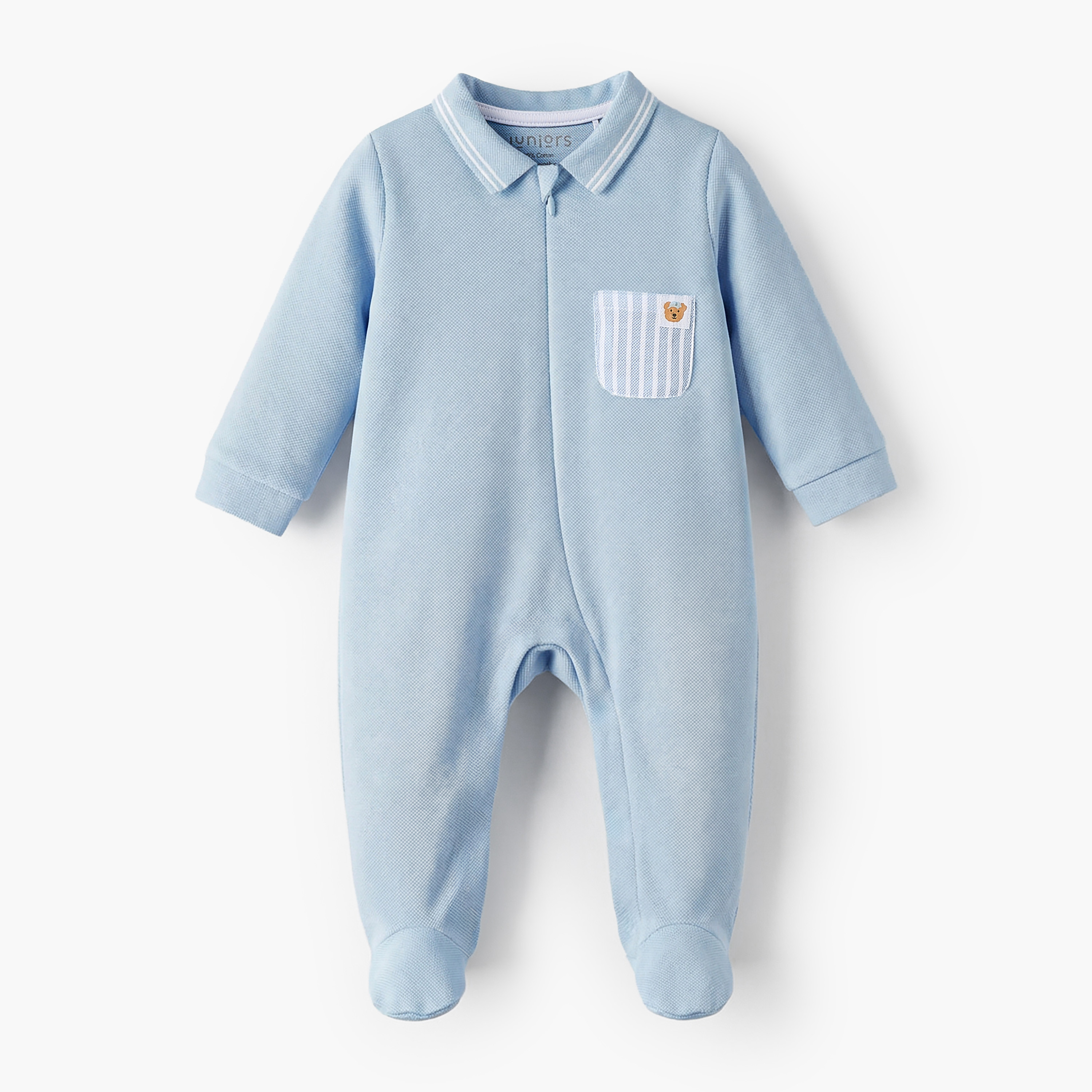 Juniors Cotton Collared Long Sleeves Sleepsuit with Pocket Detail-baby-boys-clothing-nightwear-sleepsuits-image-1