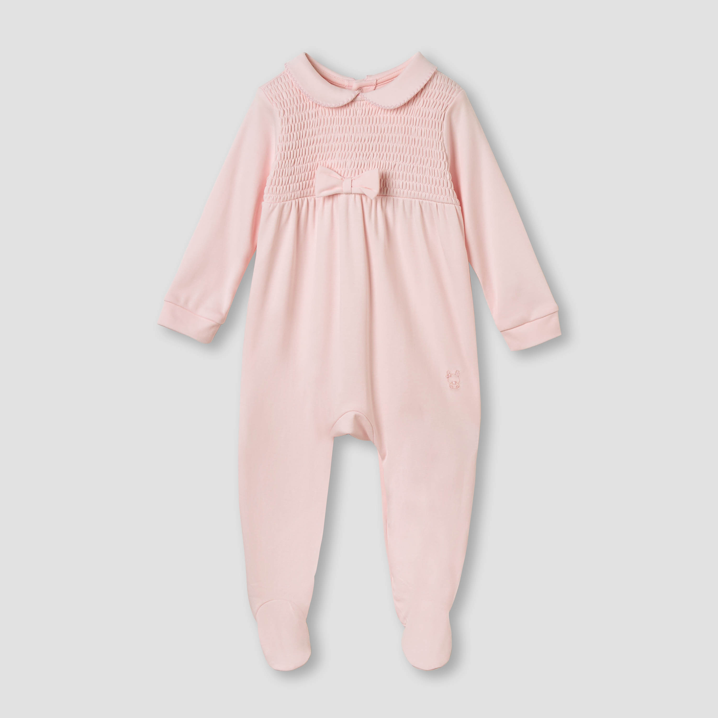 Giggles Smocked and Bow Accent Collared Sleepsuit-baby-girls-clothing-nightwear-sleepsuits-image-1
