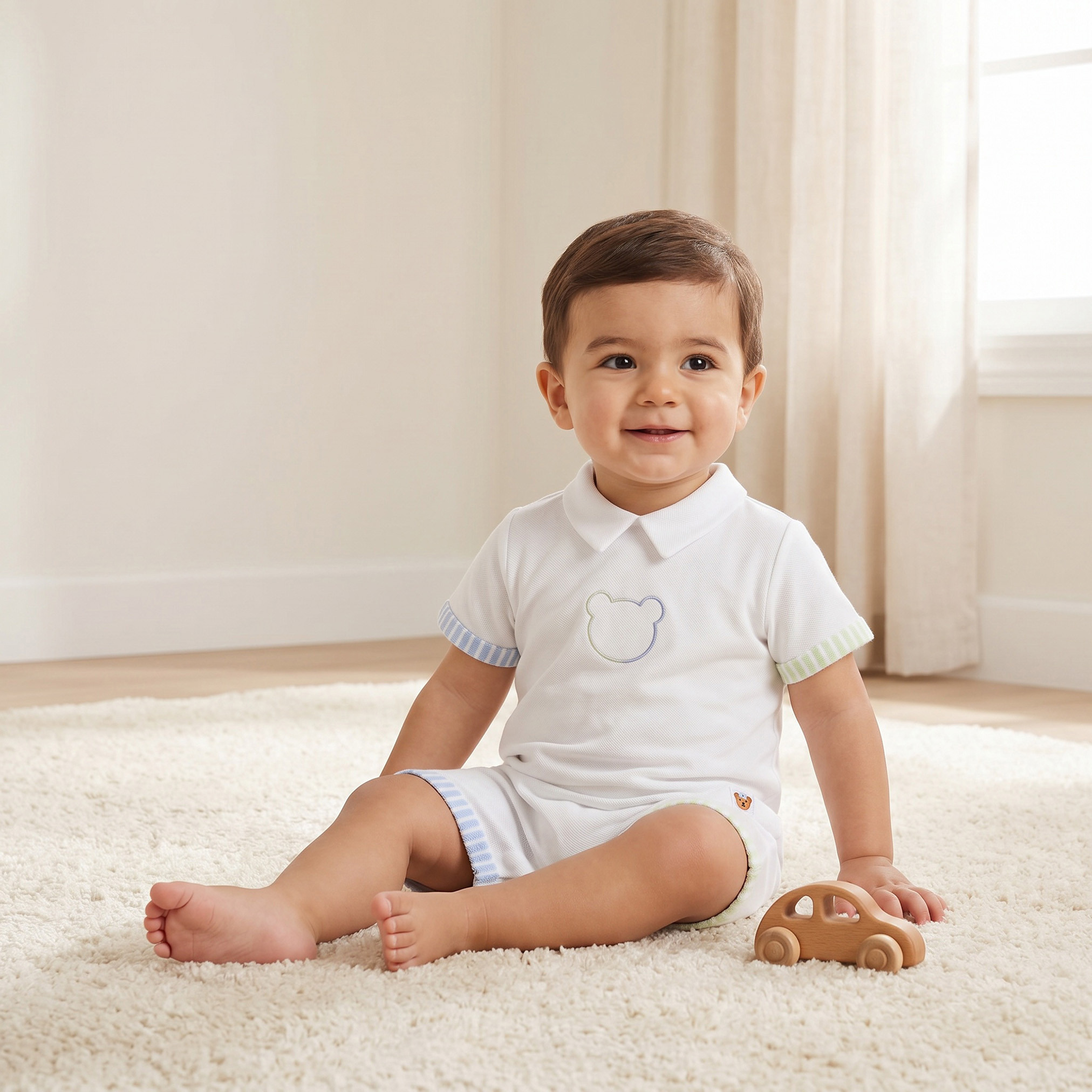 Juniors Collared Short Sleeves Romper with Bear Embroidery-baby-boys-clothing-rompers-image-1