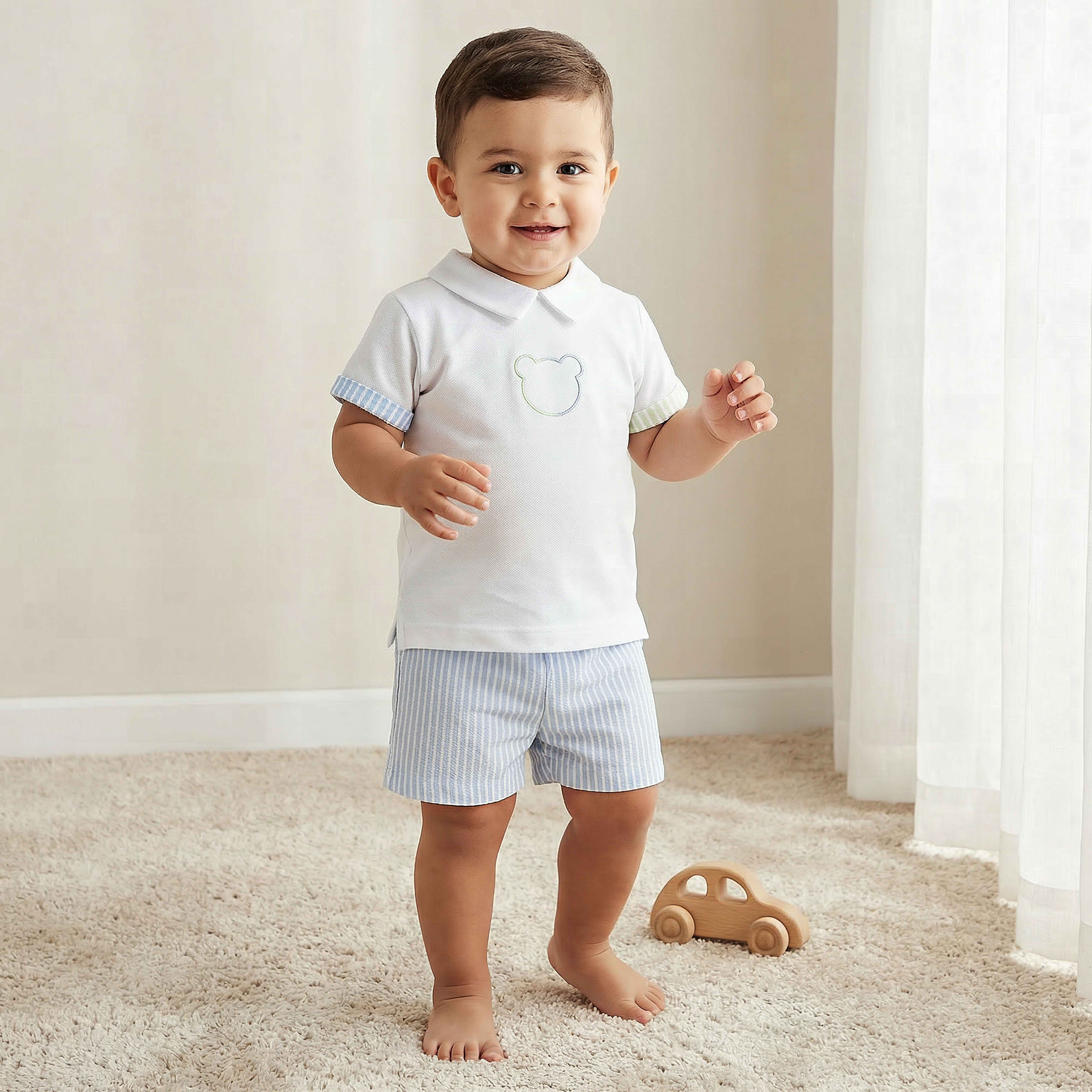 Juniors Collared Short Sleeves Polo T-shirt and Shorts Set with Stripes-baby-boys-clothing-setsandcoords-image-1