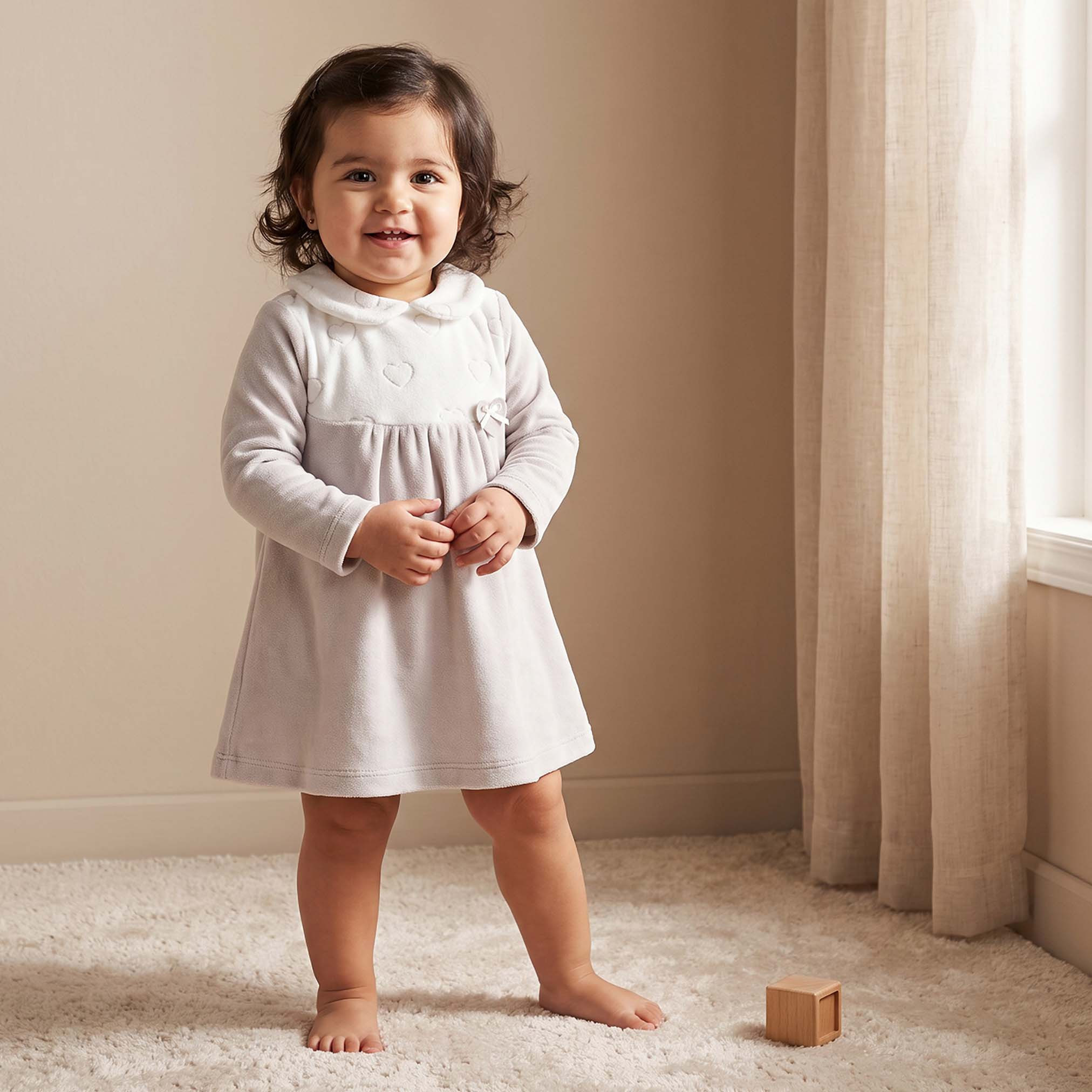 Giggles Peter Pan Collar Long Sleeves Knee Length Dress with Snap Button Closure-baby-girls-clothing-winterwear-dresses-image-1