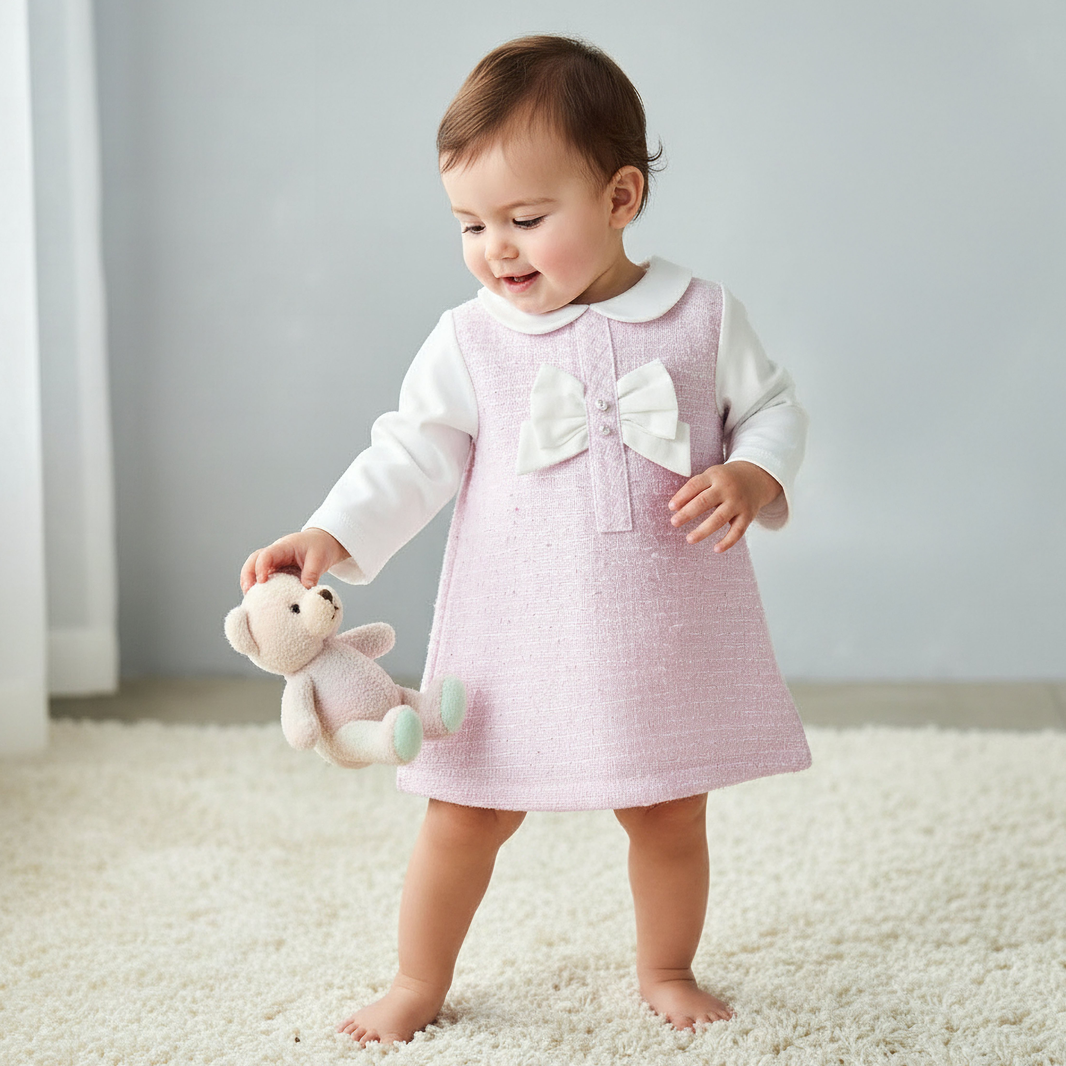 Giggles Collared Long Sleeves A-line Dress with Bow and Pearl Detail-baby-girls-clothing-dressesandjumpsuits-image-1