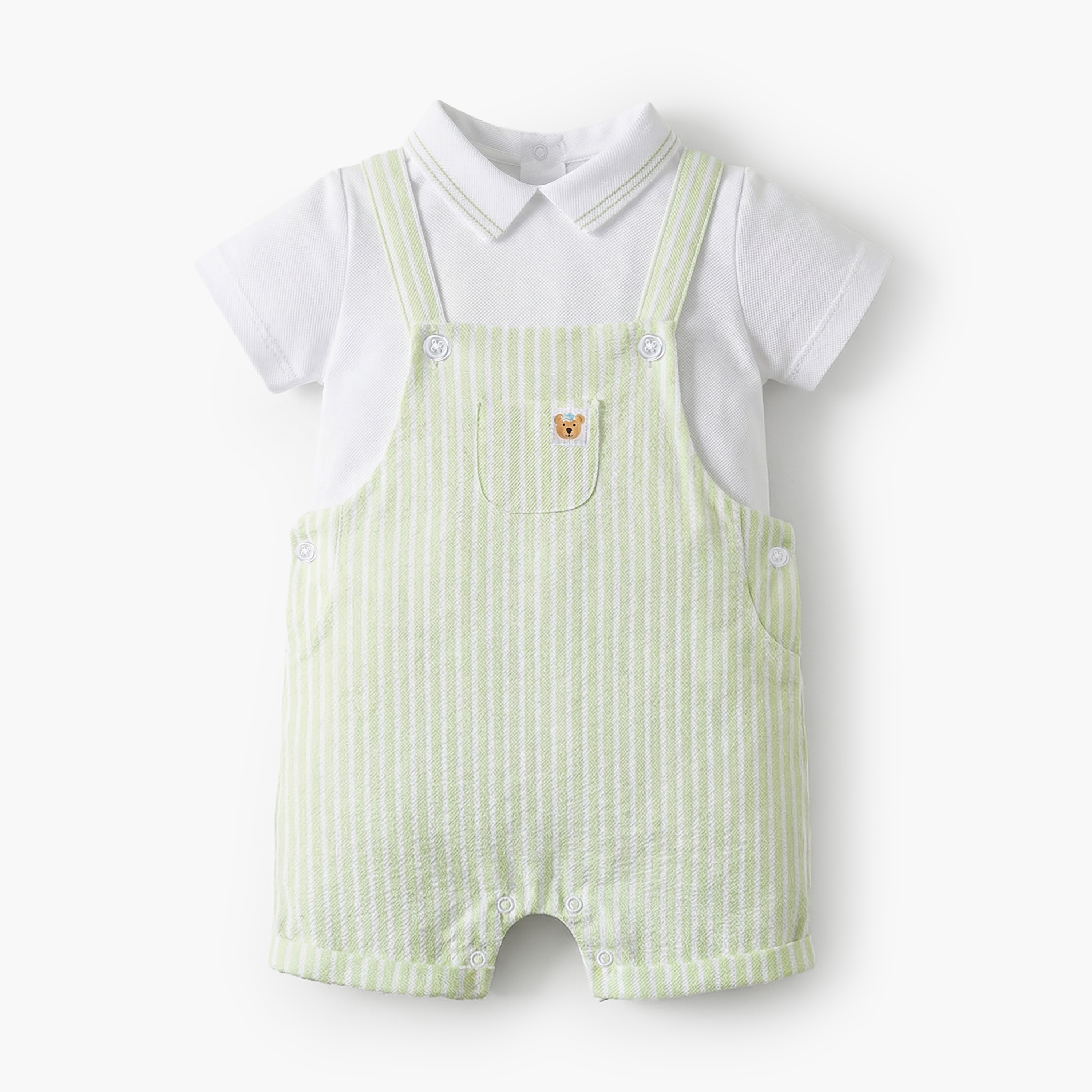 Juniors Peter Pan Collar Short Sleeves Polo T-shirt and Dungaree Set with Stripes-baby-boys-clothing-setsandcoords-image-2