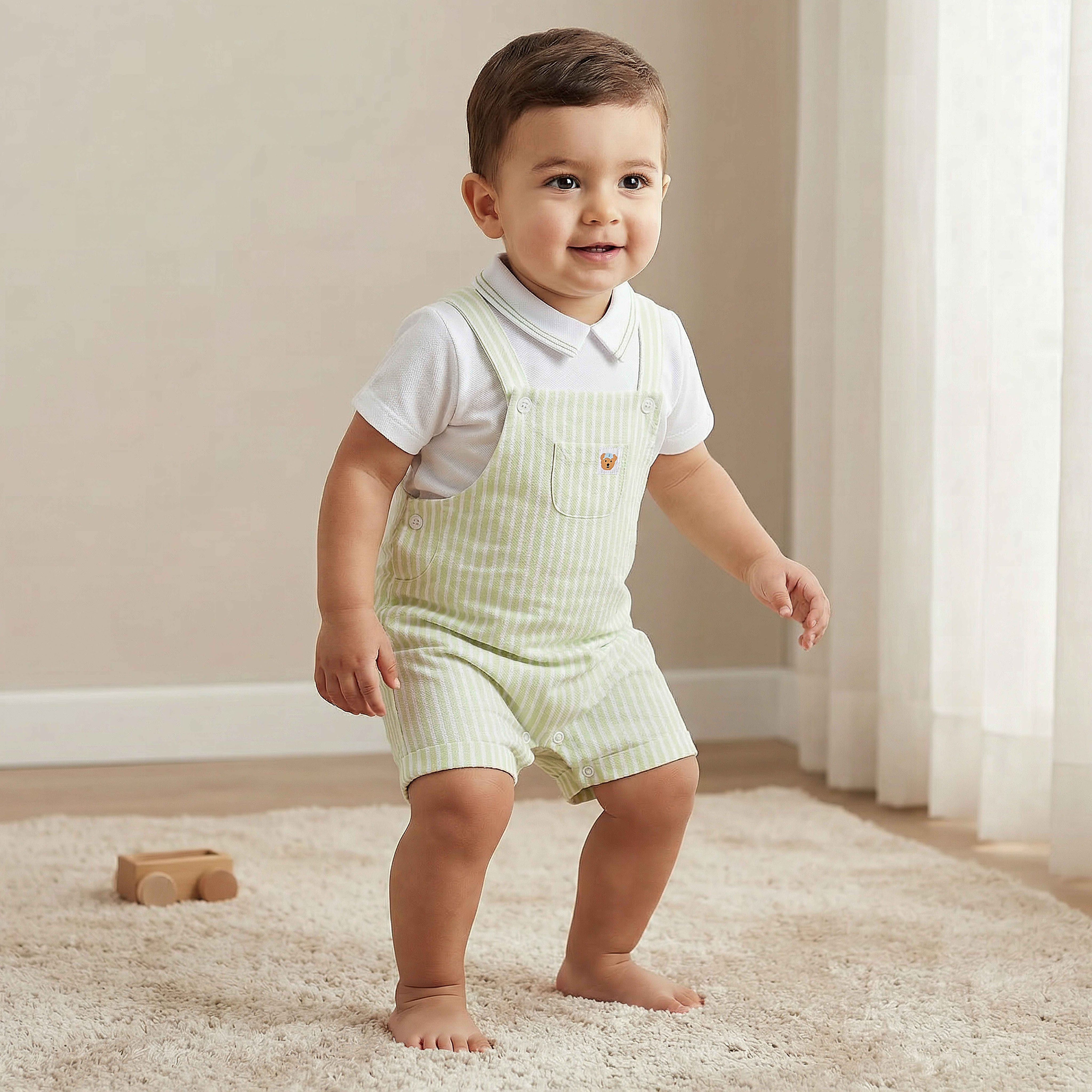 Juniors Peter Pan Collar Short Sleeves Polo T-shirt and Dungaree Set with Stripes-baby-boys-clothing-setsandcoords-image-1