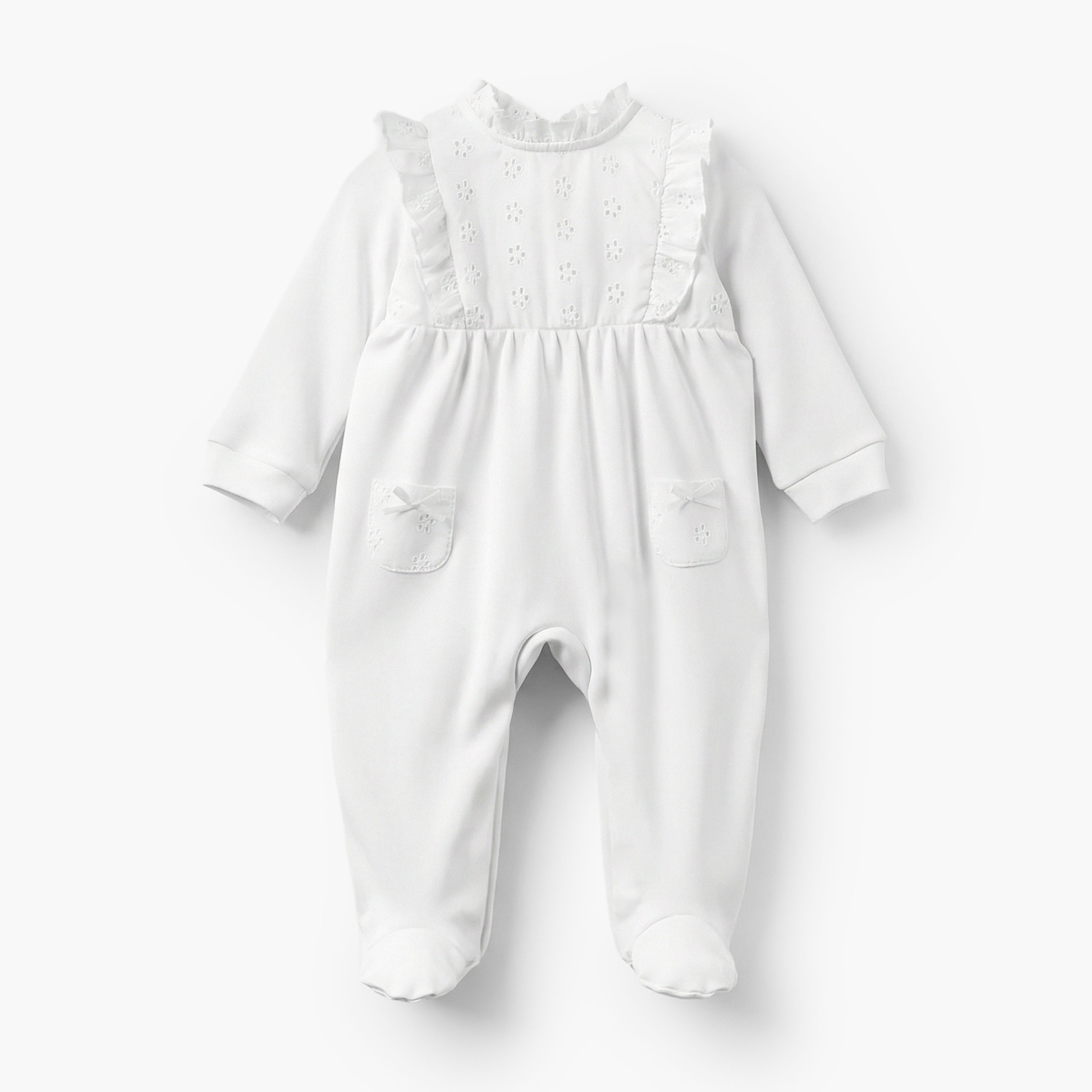 Juniors Cotton Ruffle Neck Long Sleeves Sleepsuit with Schiffli Embroidery-baby-girls-clothing-nightwear-sleepsuits-image-2