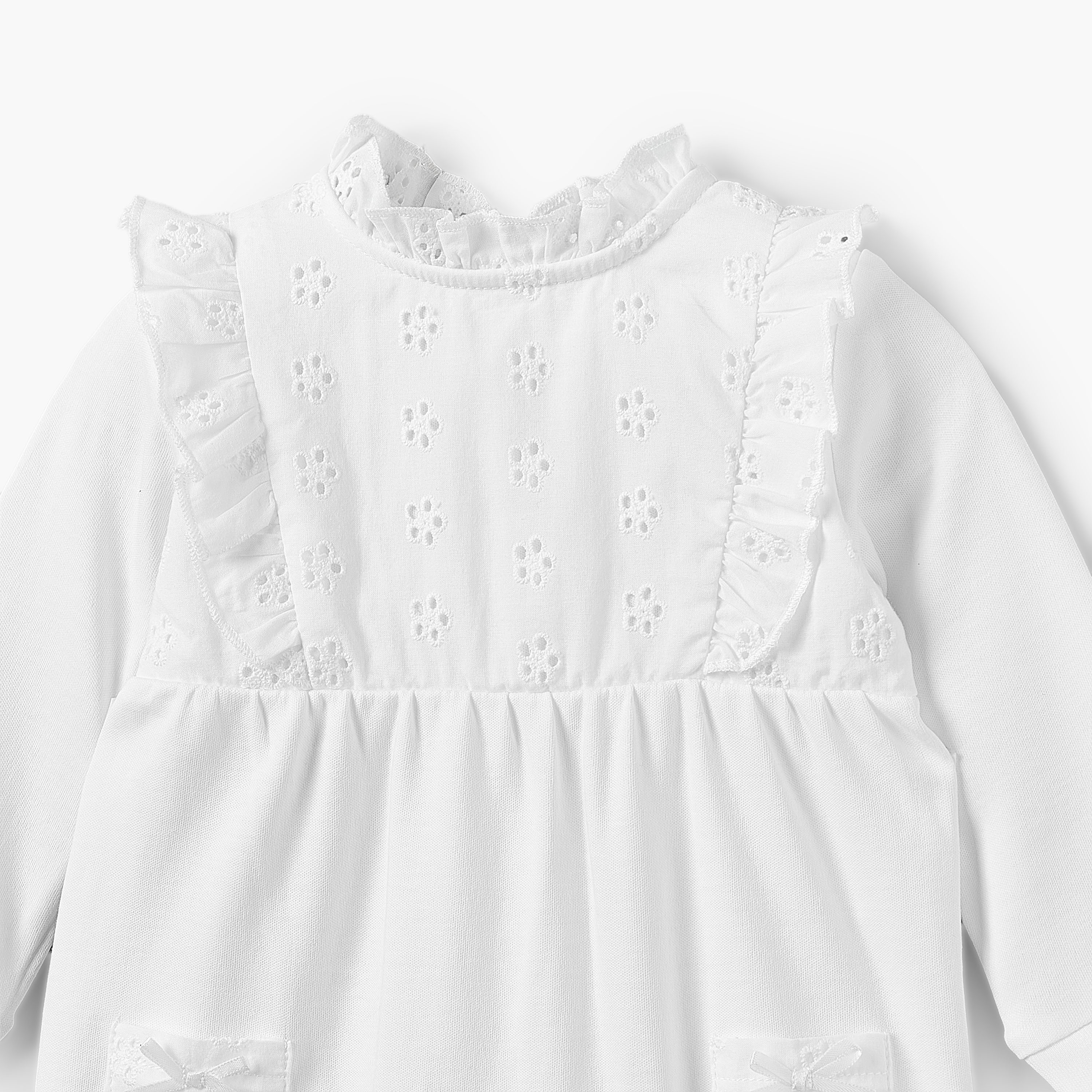 Juniors Cotton Ruffle Neck Long Sleeves Sleepsuit with Schiffli Embroidery-baby-girls-clothing-nightwear-sleepsuits-image-4