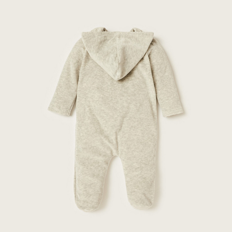 Juniors Bear Embroidery Closed Feet Sleepsuit with Long Sleeves and Hood