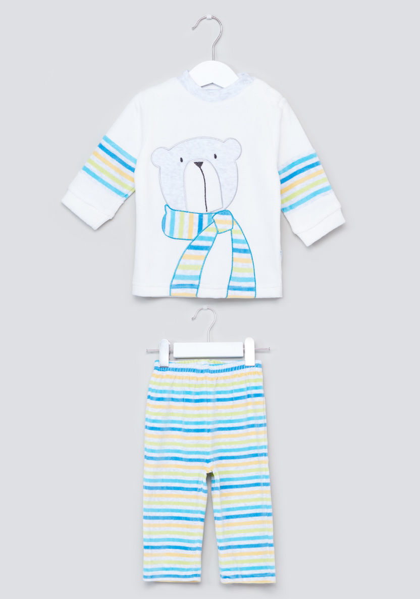 Juniors Teddy Bear Printed T-shirt and Striped Pyjama Set-Pyjama Sets-image-0