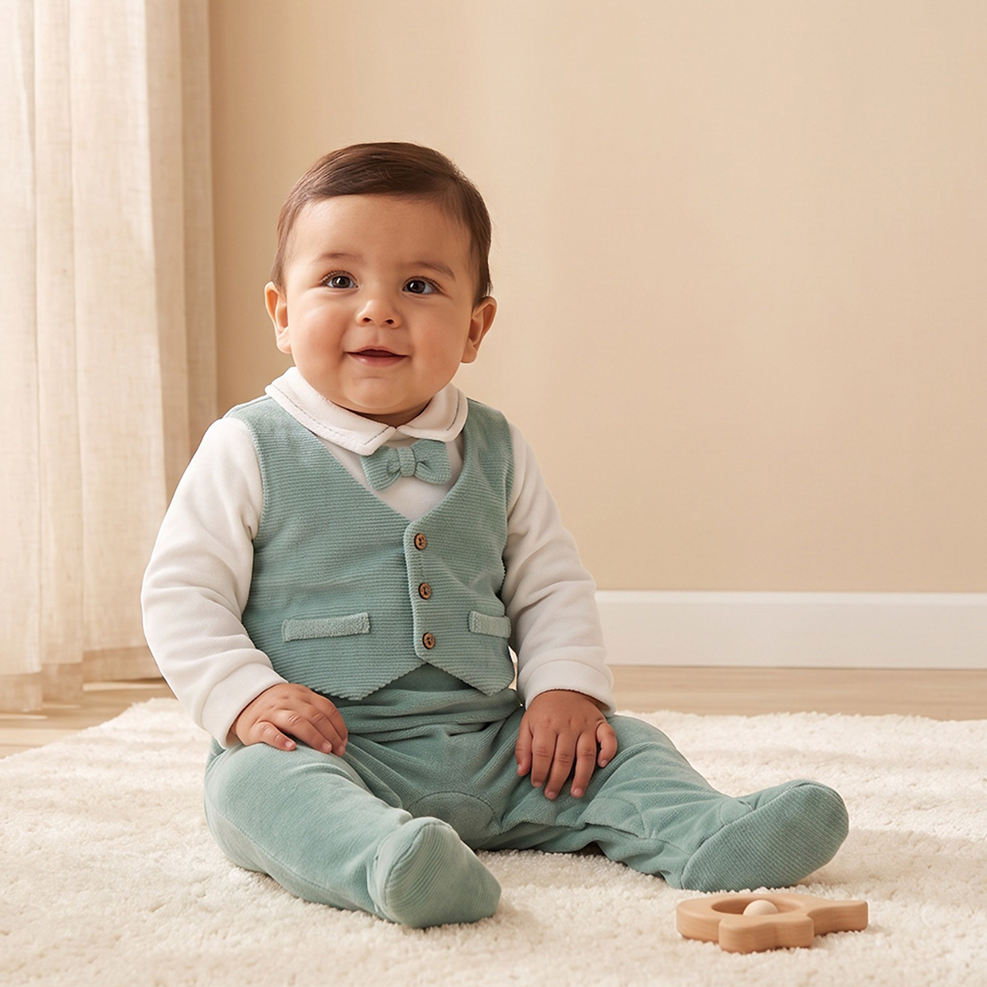 بدلة نوم قطنية بتفاصيل صديري وزينة فيونكة من جيجلز-baby-boys-clothing-nightwear-sleepsuits-image-1