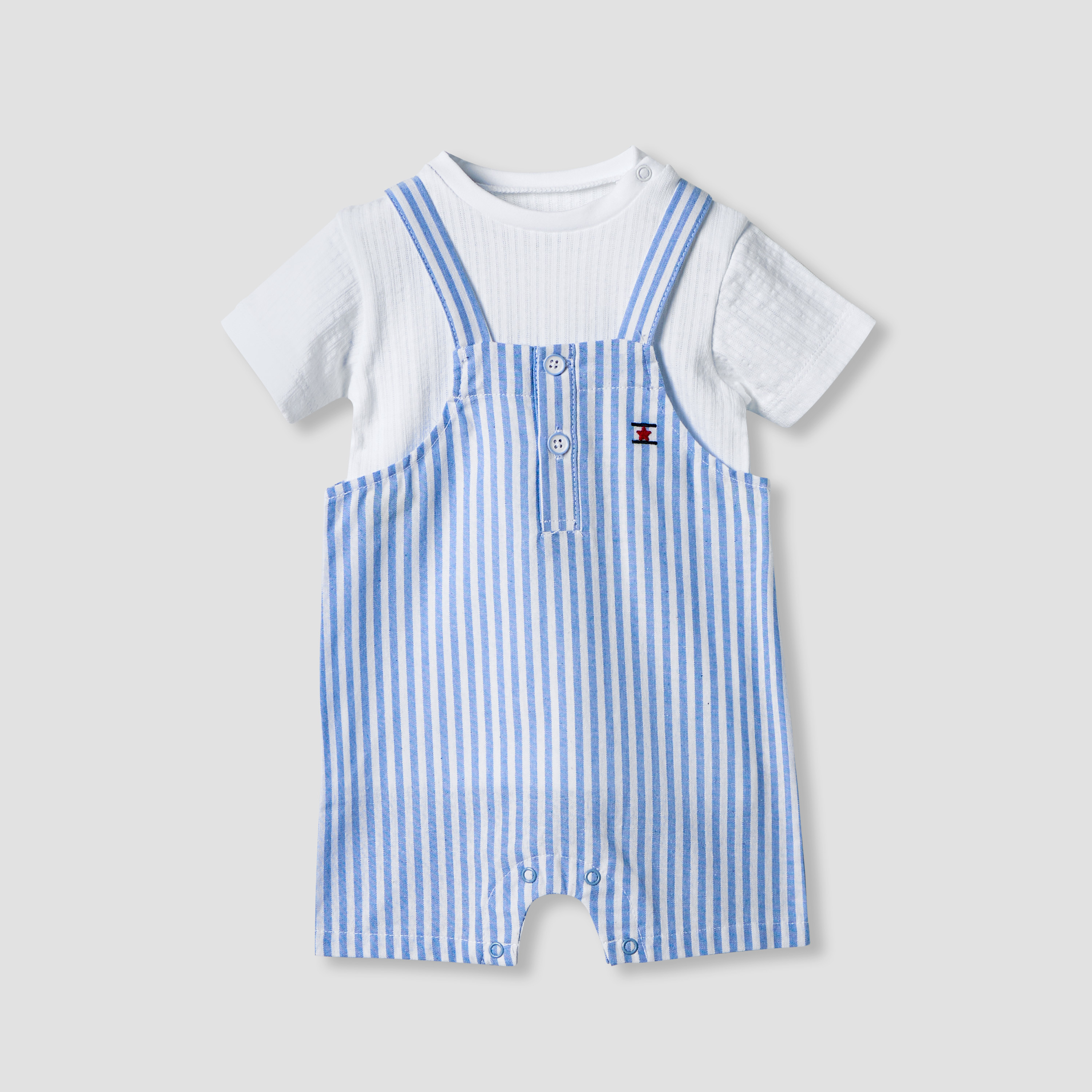 Juniors Solid T-shirt and Striped Dungaree Set-baby-boys-clothing-rompers-image-1