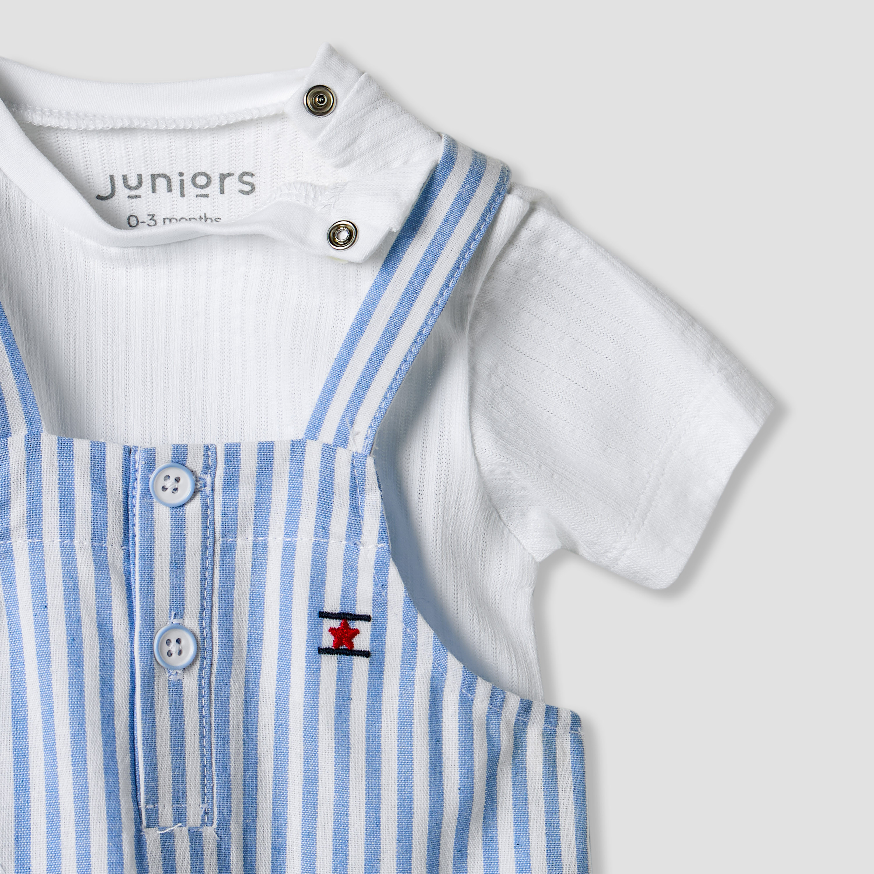 Juniors Solid T-shirt and Striped Dungaree Set-baby-boys-clothing-rompers-image-4