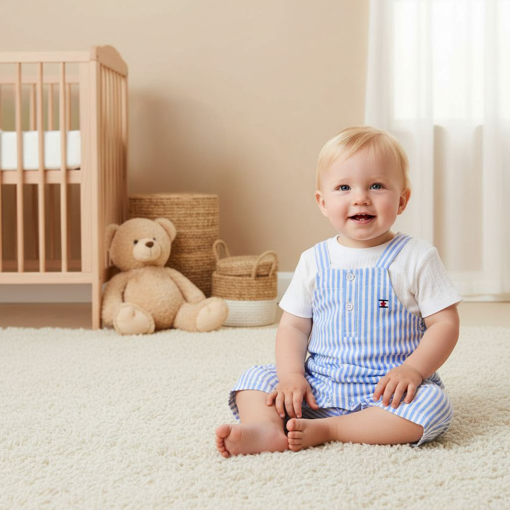 Juniors Solid T-shirt and Striped Dungaree Set-baby-boys-clothing-rompers-image-7