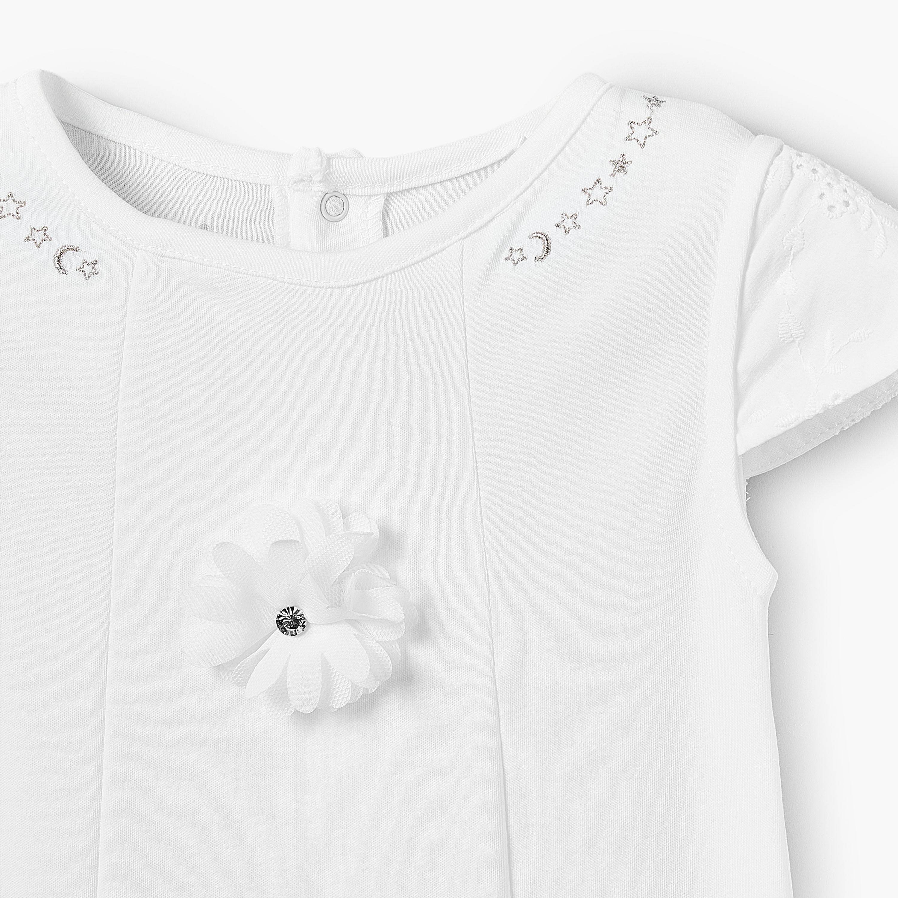 Giggles Round Neck Short Sleeves Romper with Embroidery Detail-baby-girls-clothing-rompers-image-3
