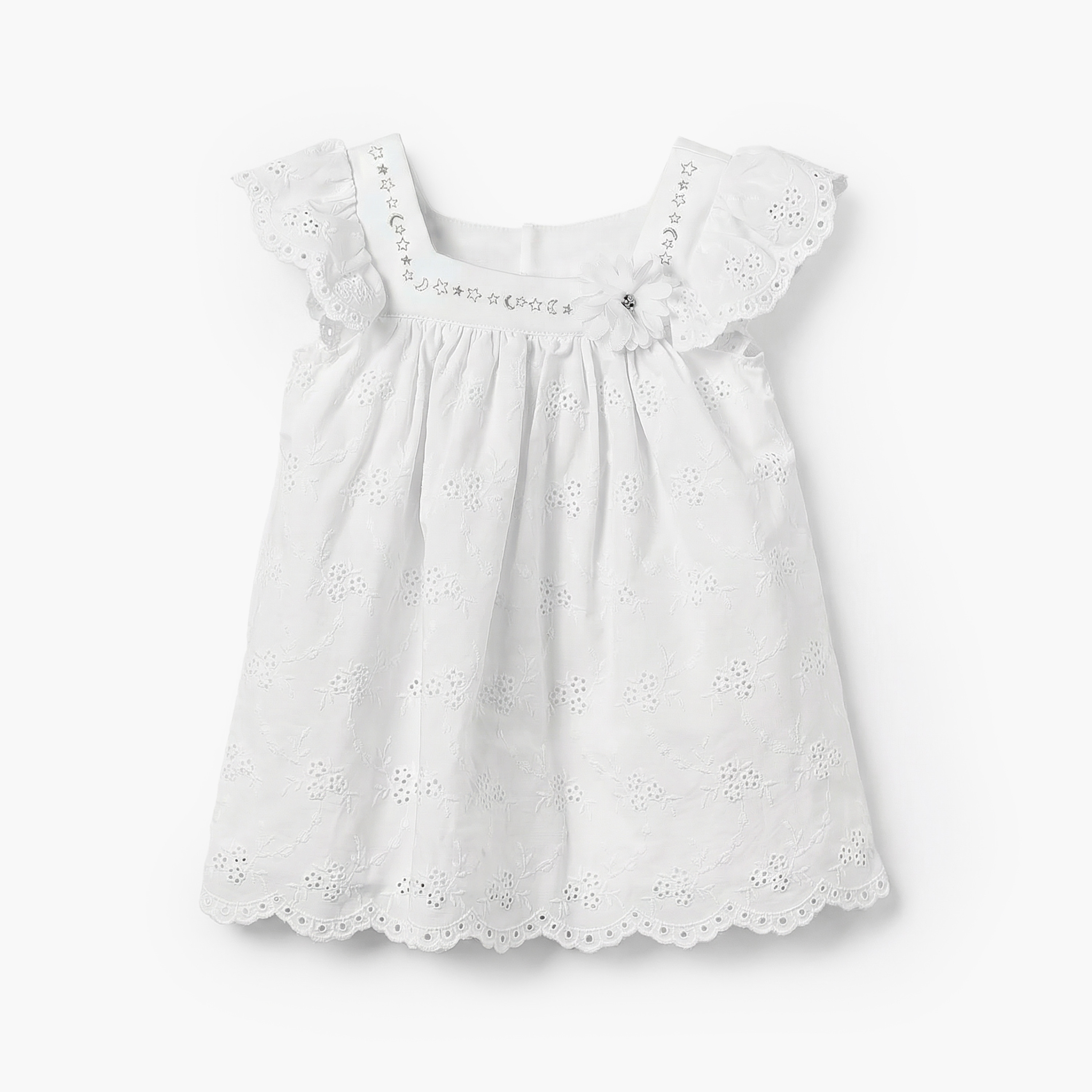 Giggles Square Neck Short Sleeves A-line Dress with Schiffli Embroidery-baby-girls-clothing-dressesandjumpsuits-image-1