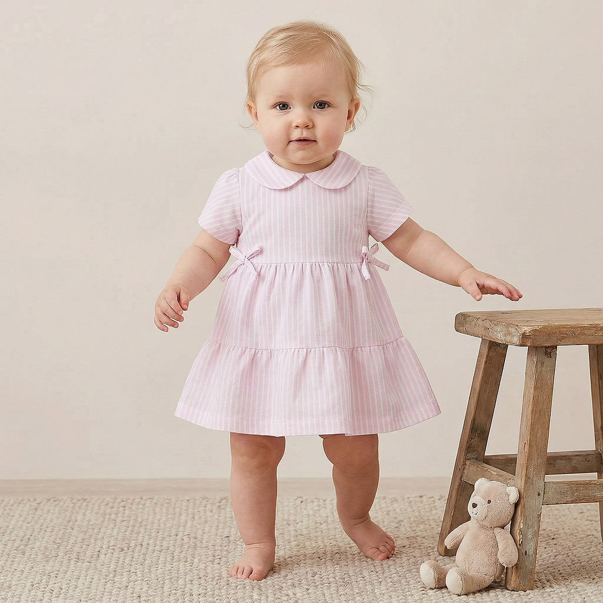 Juniors Peter Pan Collar Short Sleeves A-line Dress with Stripes-baby-girls-clothing-dressesandjumpsuits-image-1