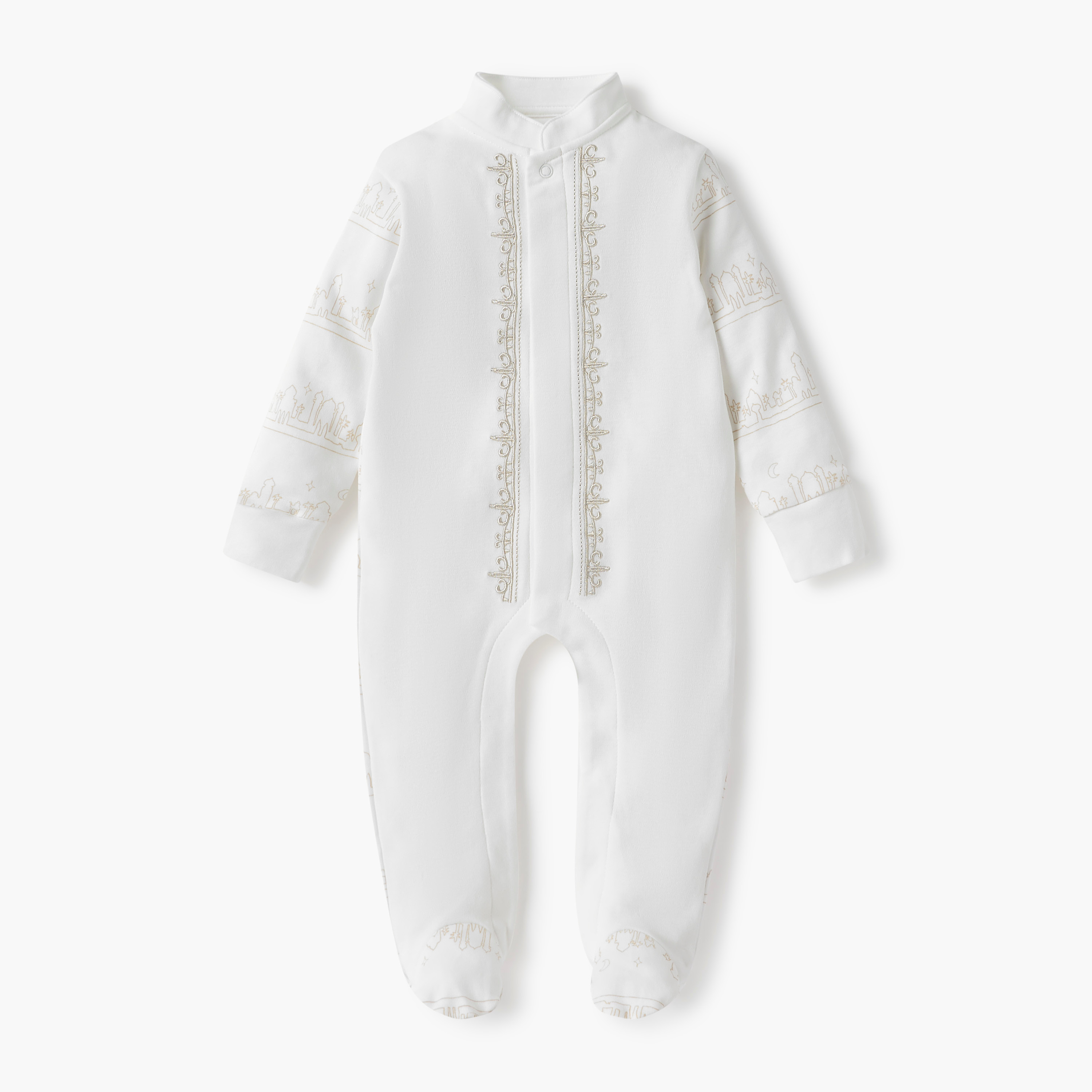 Juniors Embroidered Closed Foot Sleepsuit with Long Sleeves and Mandarin Collar-baby-boys-clothing-nightwear-sleepsuits-image-1
